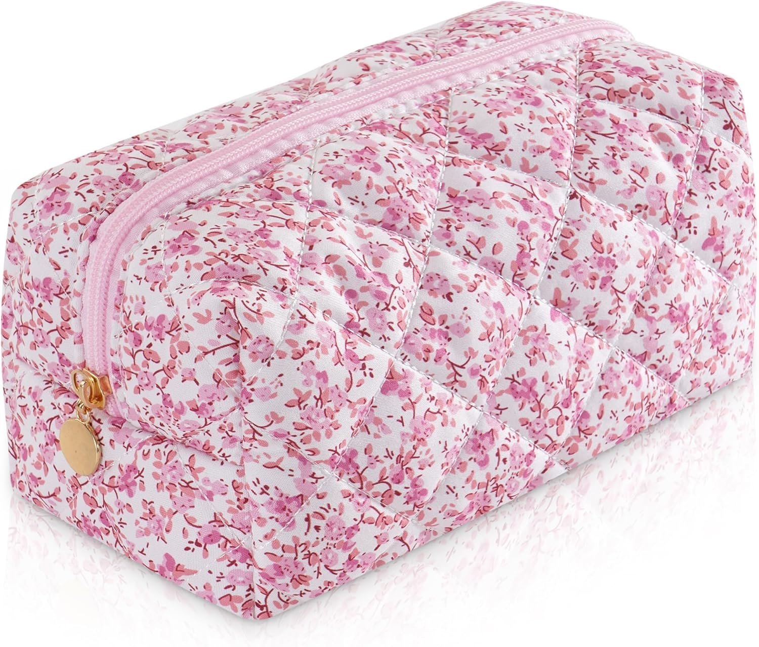 Makeup Bag Travel Toiletry Bag for Women, Small Cosmetic Bags Cute Quilted Cotton Makeup Pouch for Purse Emergency Bag for School Floral Pencil Case Accessory Bag, Baby Pink