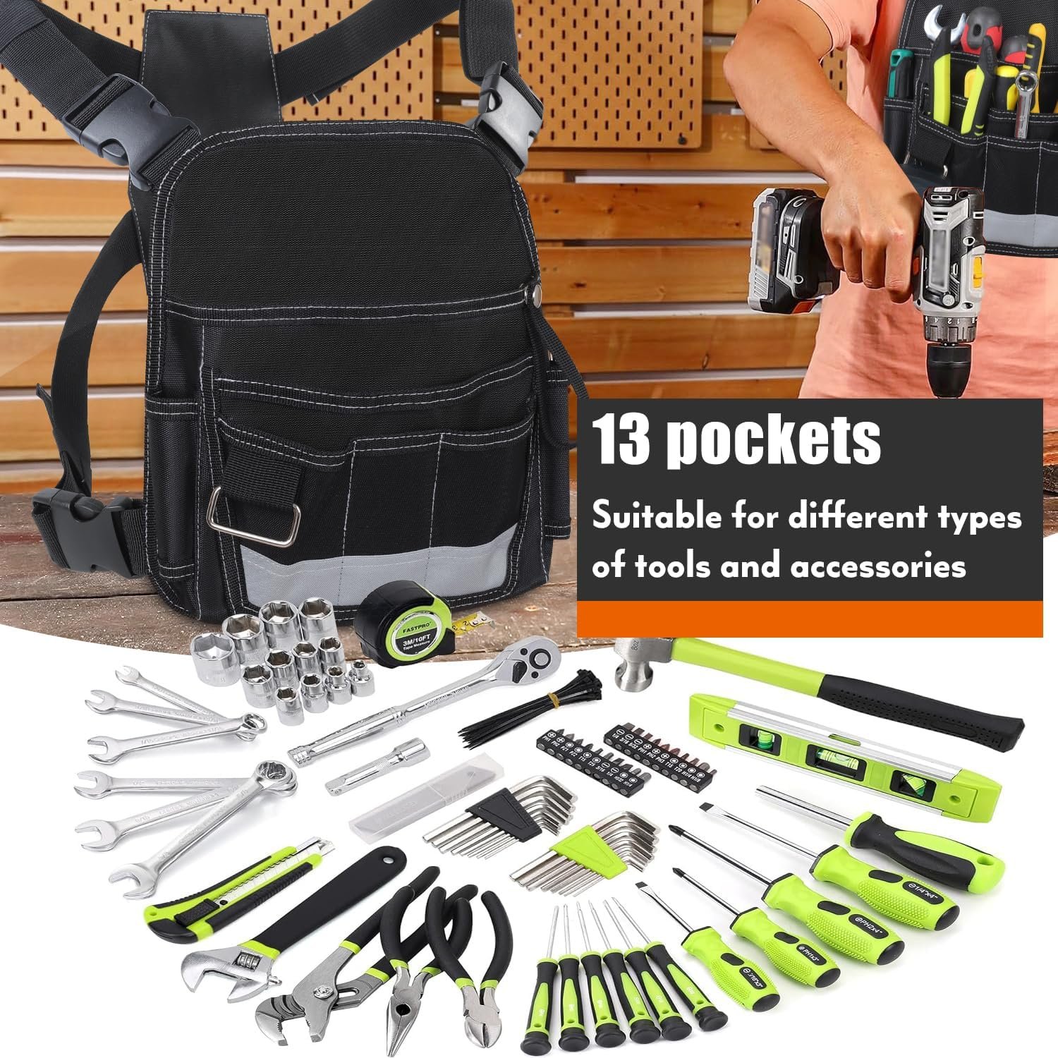 Custom Logo Electrician Tool Pouch Durable 13 Pockets Private Label Portable Bag with Adjustable Shoulder Strap for Men Technicians Carpenters Woodworkers Manufacturer