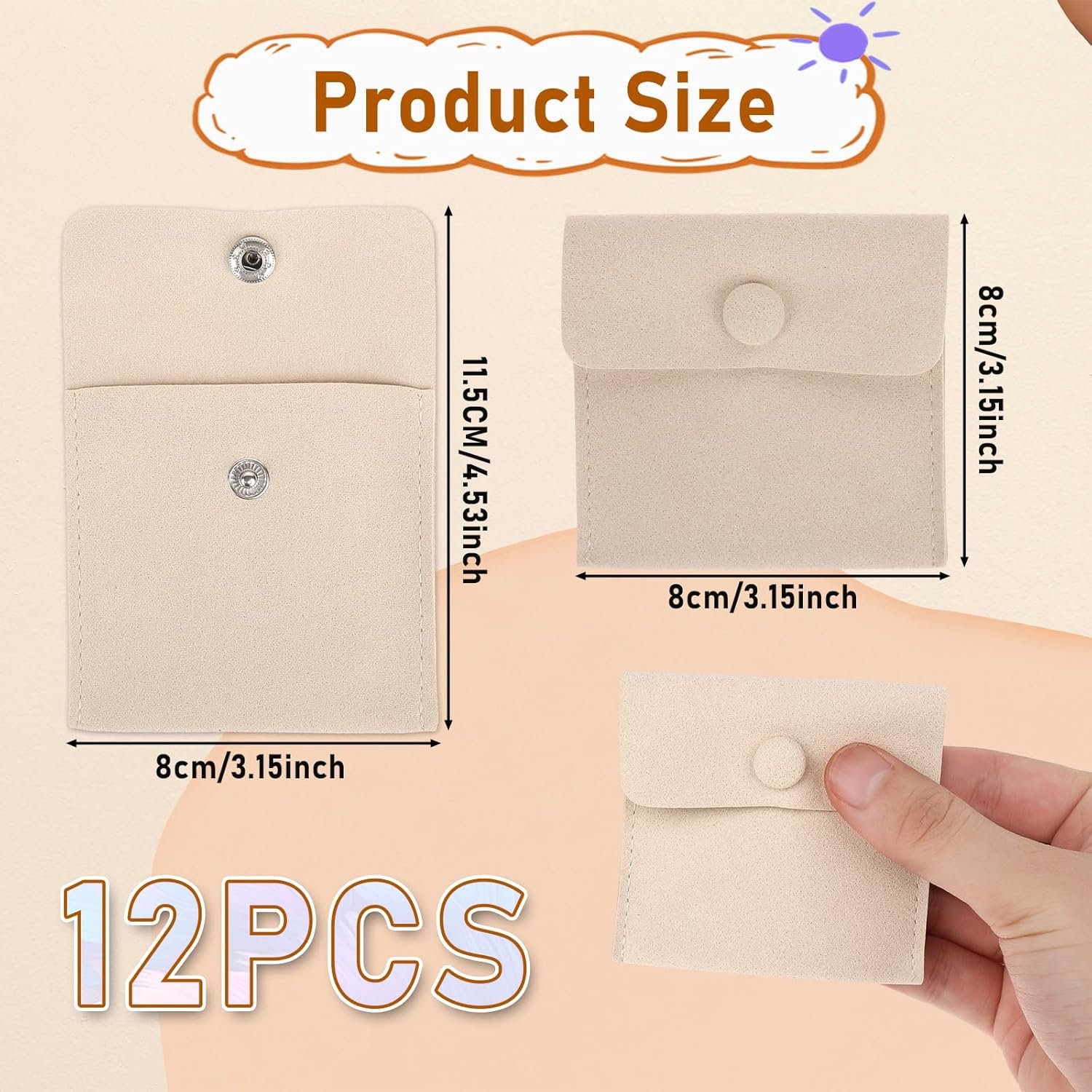 Private Label 12Pcs Microfiber Travel Jewelry Bags Mini Portable Snap Button Pouches Storage Organizer Case with Custom Logo for Women Girls Gift (Beige) by Manufacturer