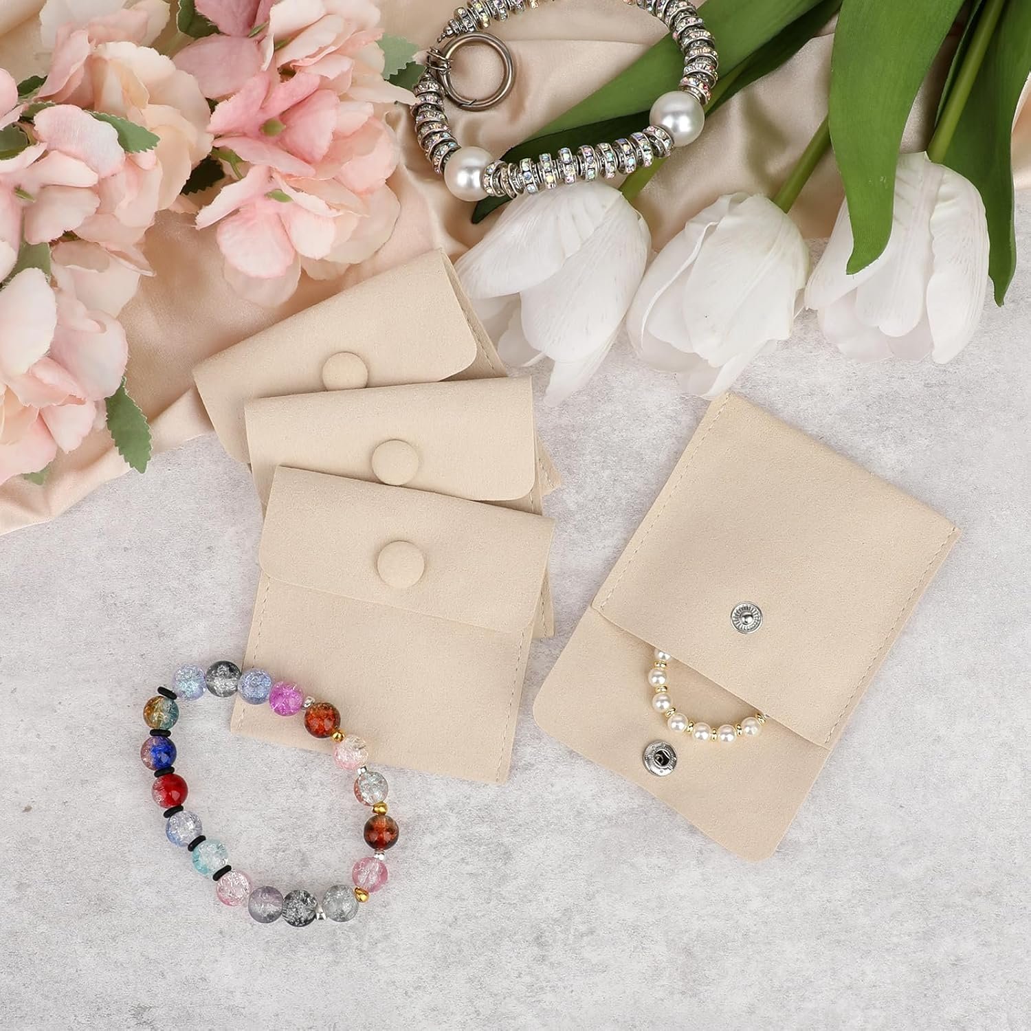 Private Label 12Pcs Microfiber Travel Jewelry Bags Mini Portable Snap Button Pouches Storage Organizer Case with Custom Logo for Women Girls Gift (Beige) by Manufacturer