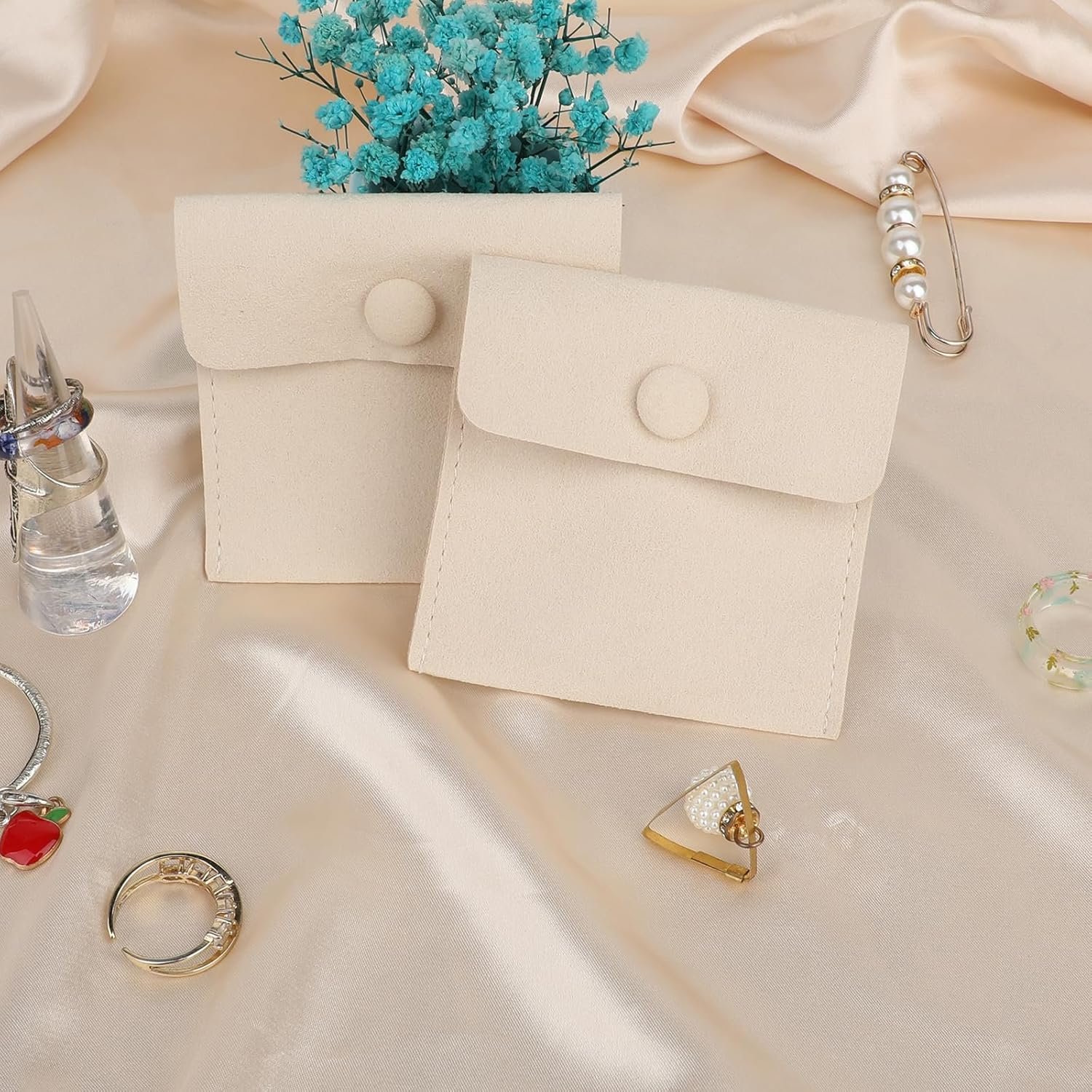 Private Label 12Pcs Microfiber Travel Jewelry Bags Mini Portable Snap Button Pouches Storage Organizer Case with Custom Logo for Women Girls Gift (Beige) by Manufacturer