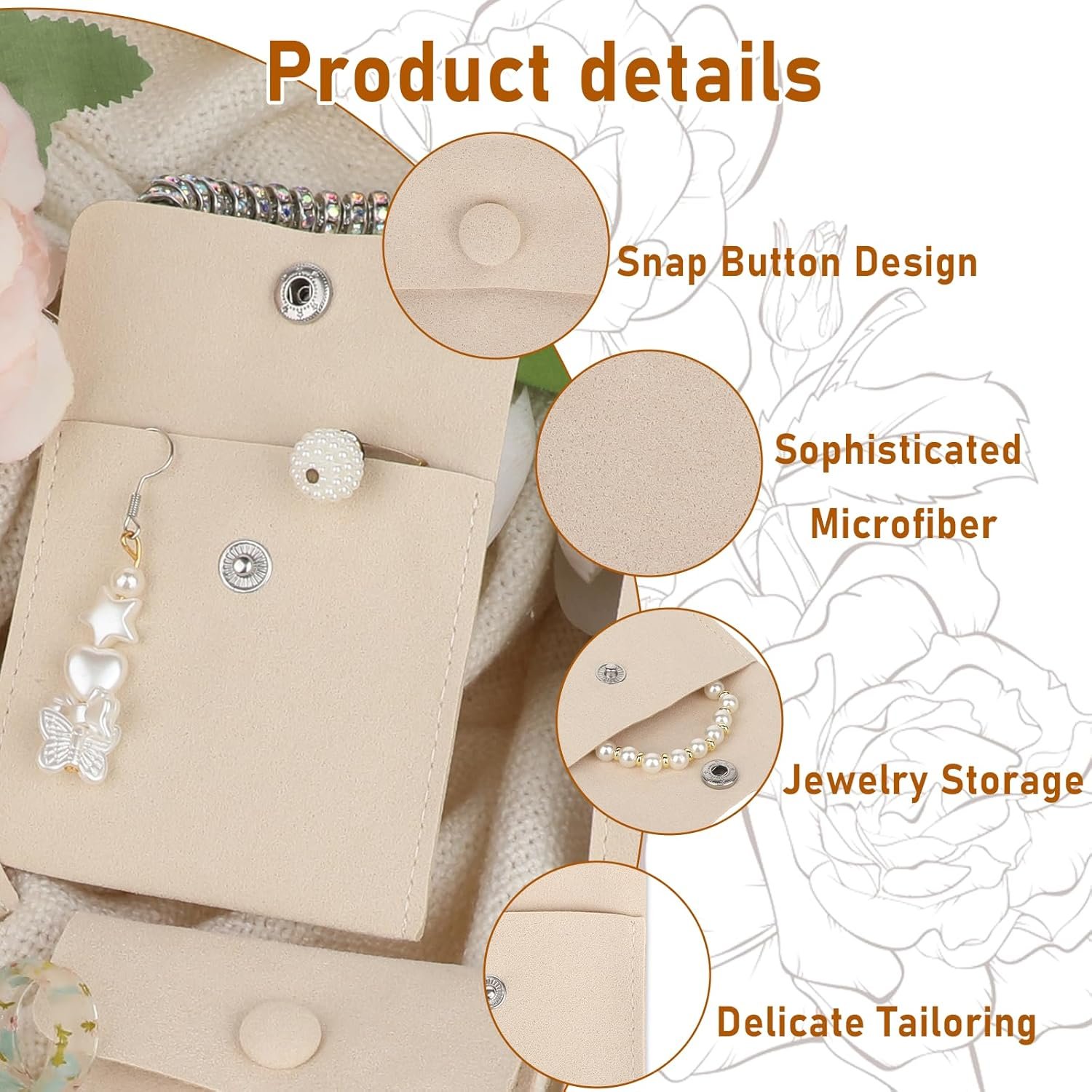 Private Label 12Pcs Microfiber Travel Jewelry Bags Mini Portable Snap Button Pouches Storage Organizer Case with Custom Logo for Women Girls Gift (Beige) by Manufacturer