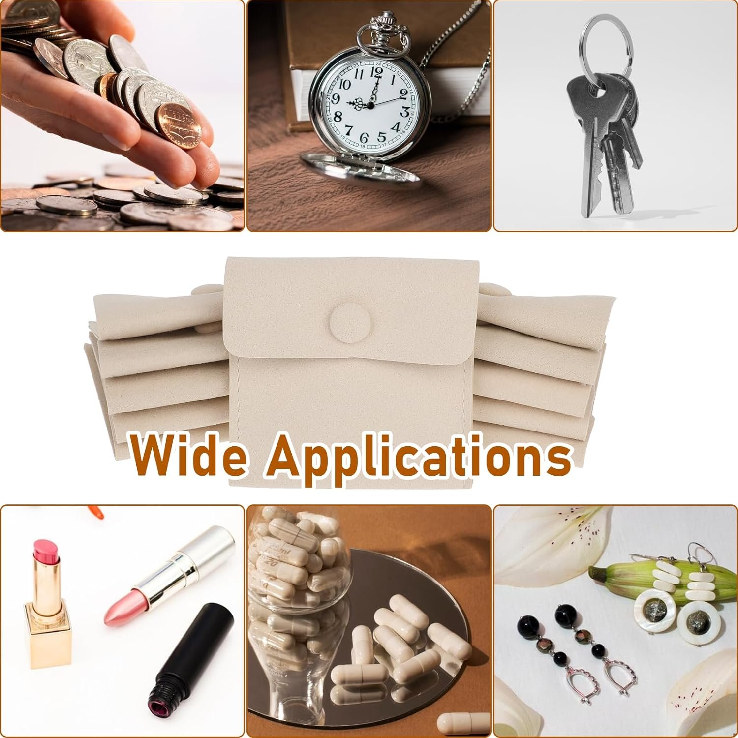 Private Label 12Pcs Microfiber Travel Jewelry Bags Mini Portable Snap Button Pouches Storage Organizer Case with Custom Logo for Women Girls Gift (Beige) by Manufacturer