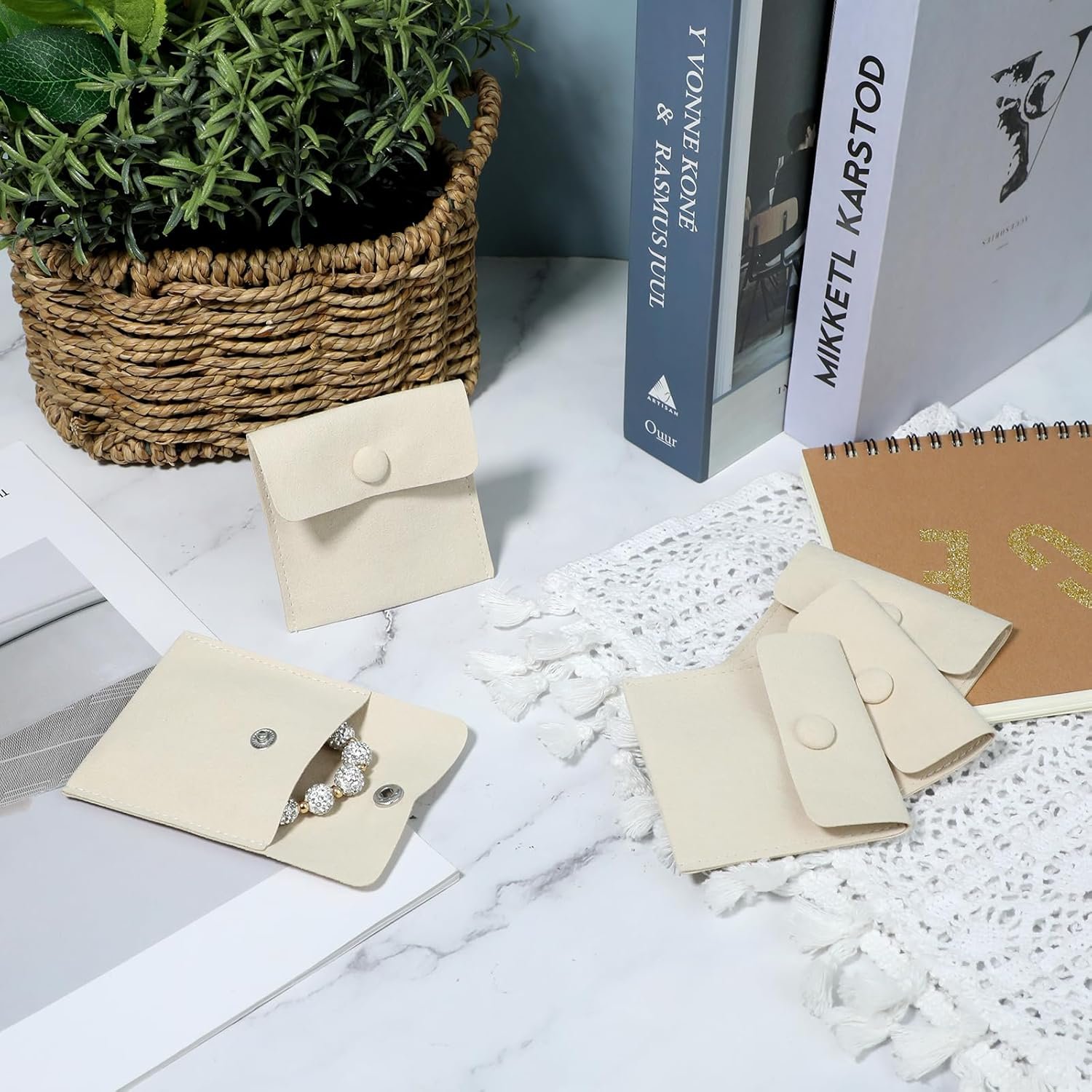 Private Label 12Pcs Microfiber Travel Jewelry Bags Mini Portable Snap Button Pouches Storage Organizer Case with Custom Logo for Women Girls Gift (Beige) by Manufacturer