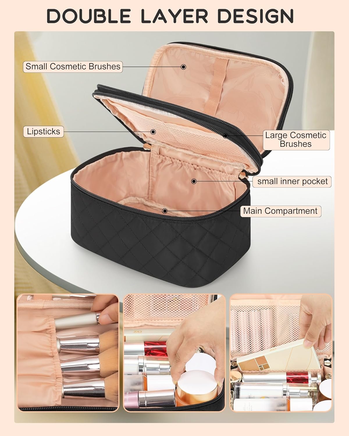 Custom Logo Large Travel Makeup Bag with Separate Brush Compartment Private Label Double Layer Cosmetic Toiletry Organizer Manufacturer - Black Custom Logo Large Travel Makeup Bag with Separate Brush Compartment Private Label Double Layer Cosmetic Toiletry Organizer Manufacturer - Black