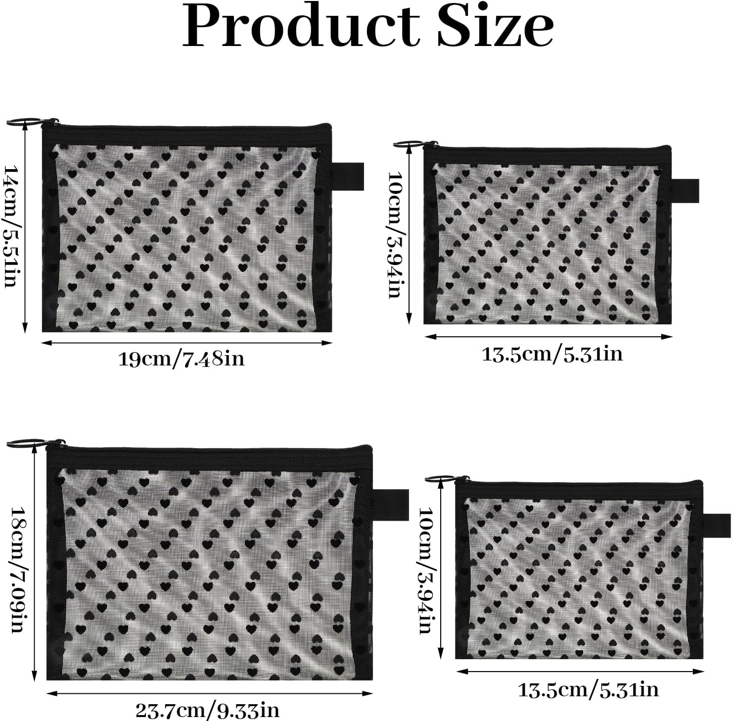 Private Label Mesh Zipper Makeup Bags 4pcs Toiletry Bag Set 3 Sizes Heart Print Custom Logo Purse Organizers 3D Heart-shaped Nylon Storage Pouch for Women Lipstick Travel Home Offices Manufacturer (Black)
