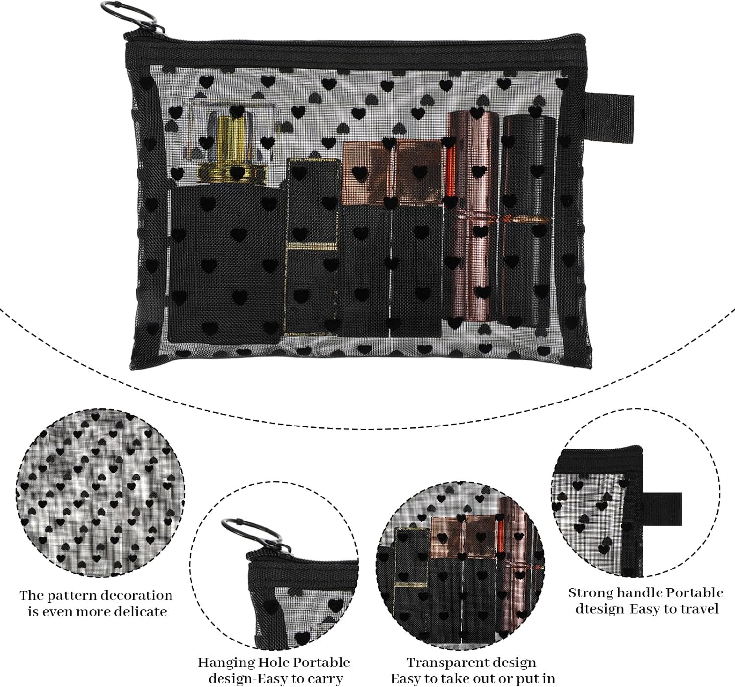 Private Label Mesh Zipper Makeup Bags 4pcs Toiletry Bag Set 3 Sizes Heart Print Custom Logo Purse Organizers 3D Heart-shaped Nylon Storage Pouch for Women Lipstick Travel Home Offices Manufacturer (Black)