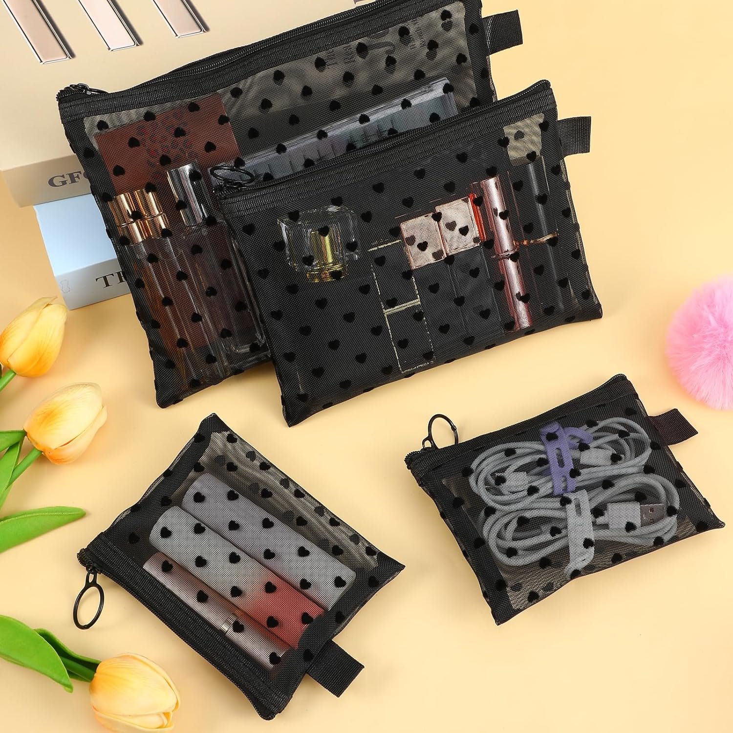 Private Label Mesh Zipper Makeup Bags 4pcs Toiletry Bag Set 3 Sizes Heart Print Custom Logo Purse Organizers 3D Heart-shaped Nylon Storage Pouch for Women Lipstick Travel Home Offices Manufacturer (Black)
