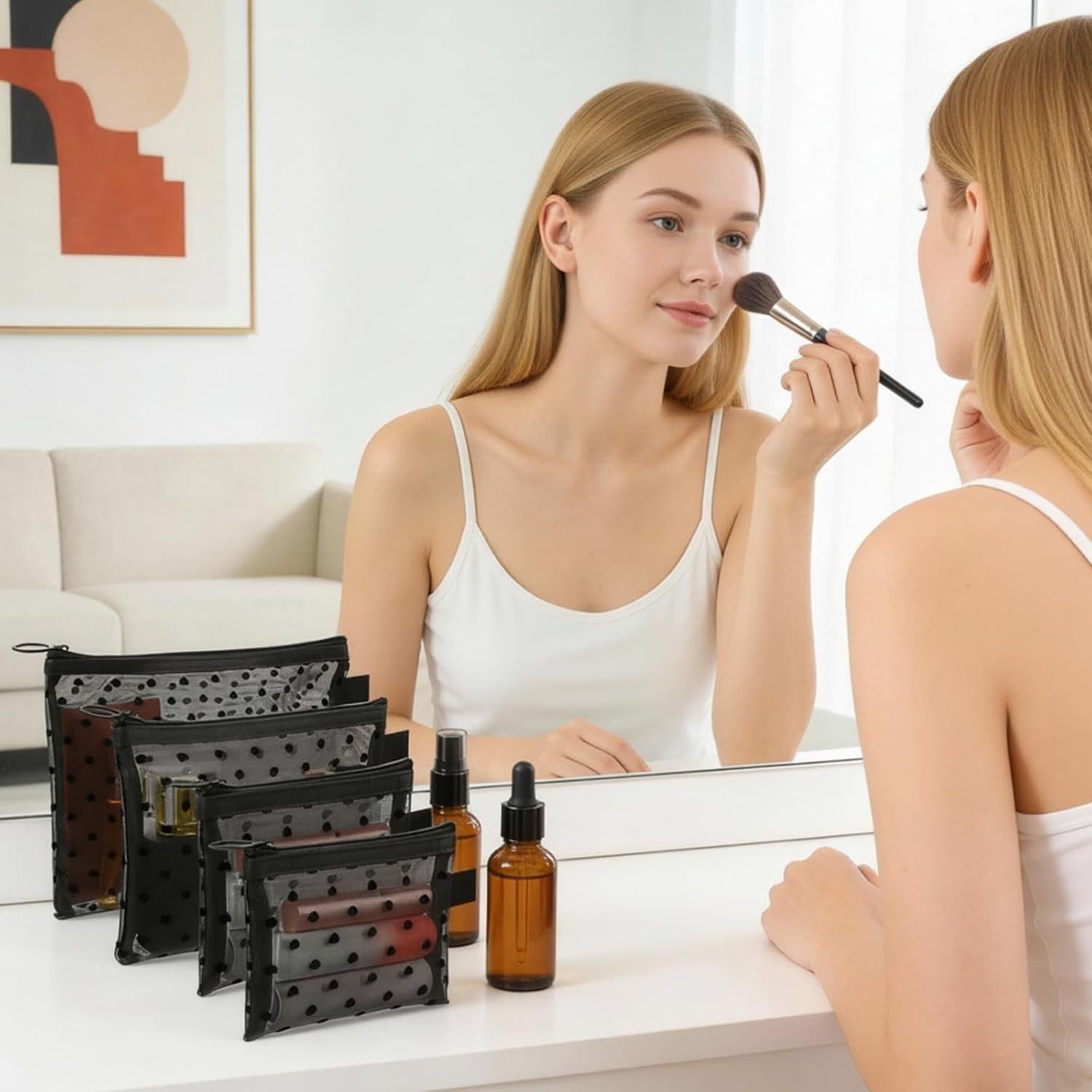 Private Label Mesh Zipper Makeup Bags 4pcs Toiletry Bag Set 3 Sizes Heart Print Custom Logo Purse Organizers 3D Heart-shaped Nylon Storage Pouch for Women Lipstick Travel Home Offices Manufacturer (Black)