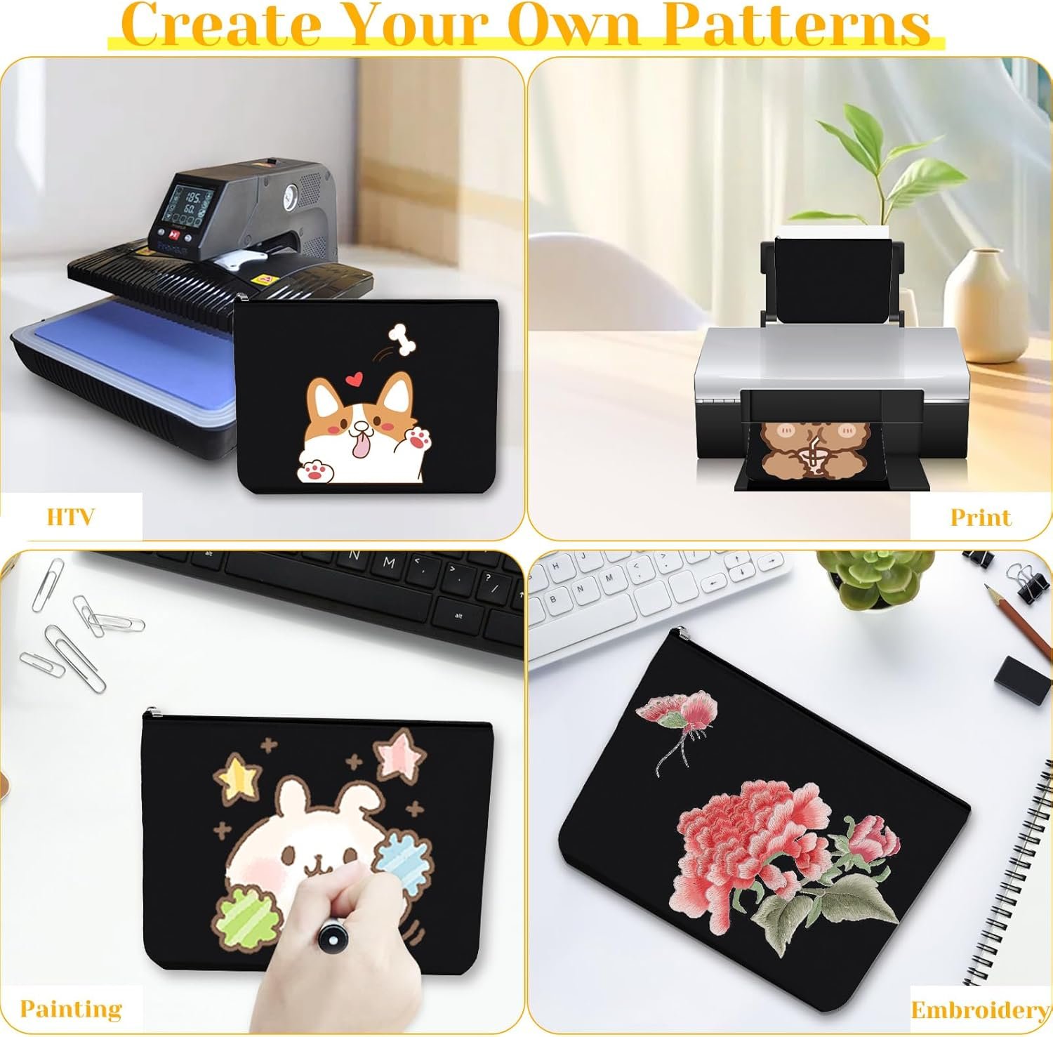 Manufacturer Blank Makeup Bag with Zipper Large Capacity Custom Logo Oxford Fabric Travel Cosmetic Pouch Multi-Purpose DIY Crafts Stationery Storage Private Label Christmas Birthday Gifts(Black)