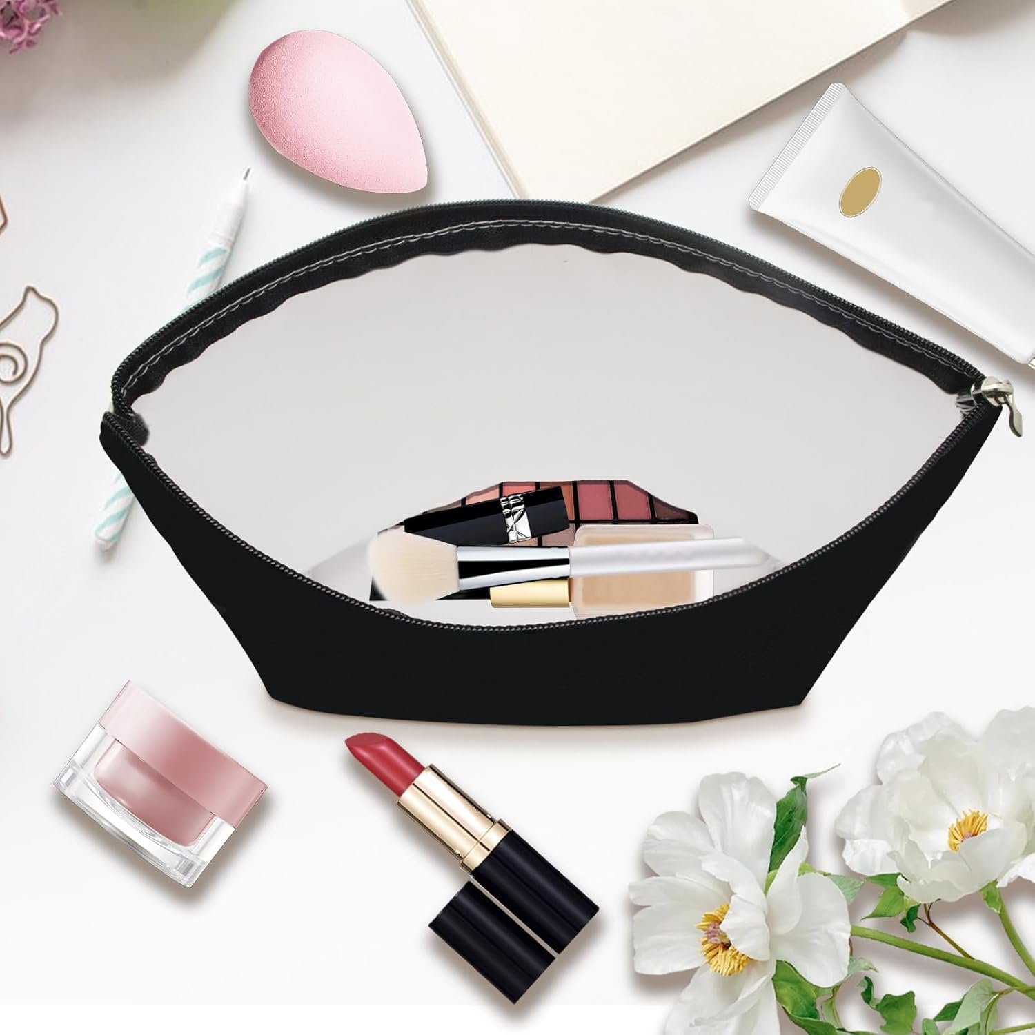 Manufacturer Blank Makeup Bag with Zipper Large Capacity Custom Logo Oxford Fabric Travel Cosmetic Pouch Multi-Purpose DIY Crafts Stationery Storage Private Label Christmas Birthday Gifts(Black)