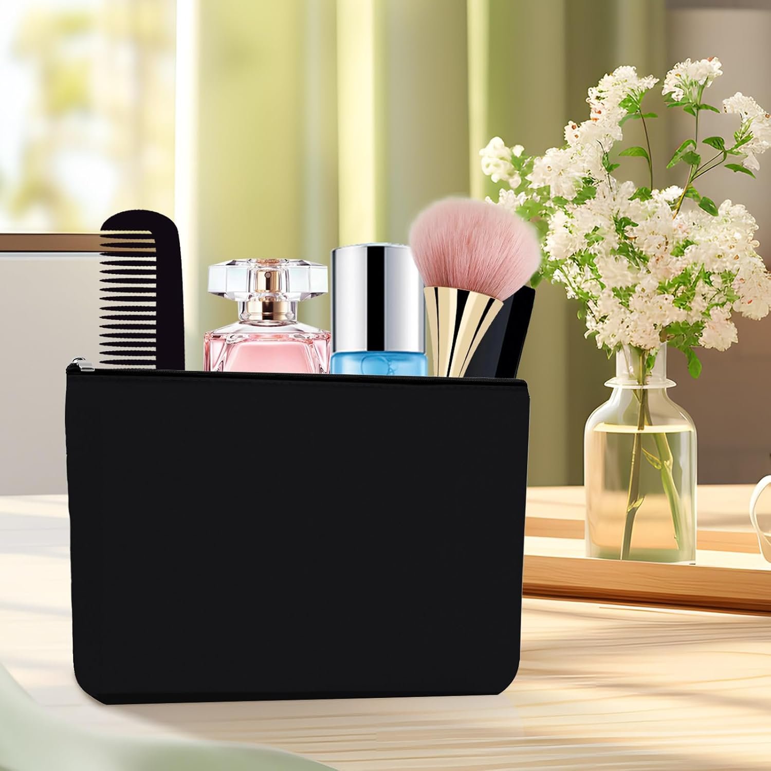 Manufacturer Blank Makeup Bag with Zipper Large Capacity Custom Logo Oxford Fabric Travel Cosmetic Pouch Multi-Purpose DIY Crafts Stationery Storage Private Label Christmas Birthday Gifts(Black)