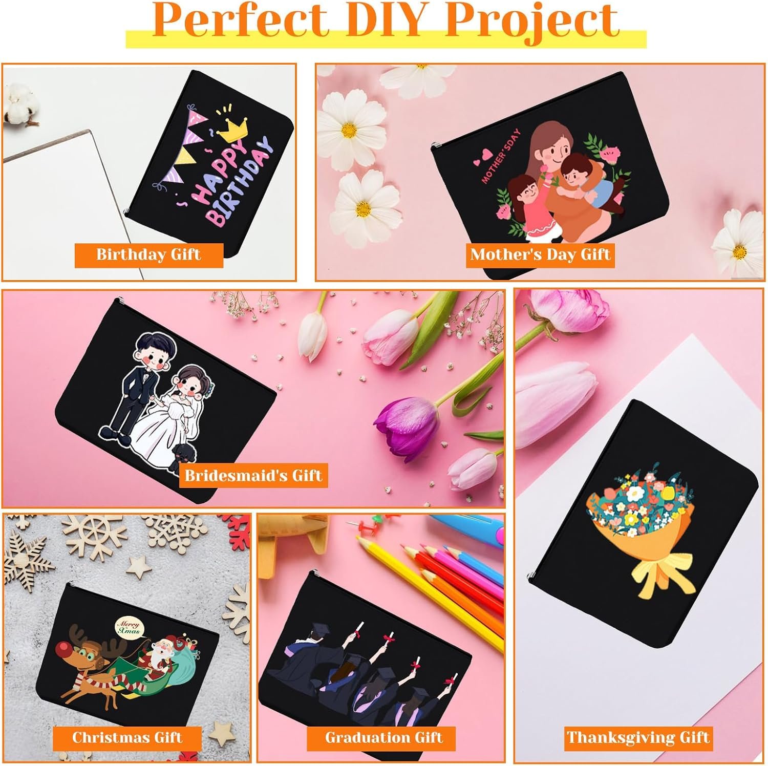 Manufacturer Blank Makeup Bag with Zipper Large Capacity Custom Logo Oxford Fabric Travel Cosmetic Pouch Multi-Purpose DIY Crafts Stationery Storage Private Label Christmas Birthday Gifts(Black)