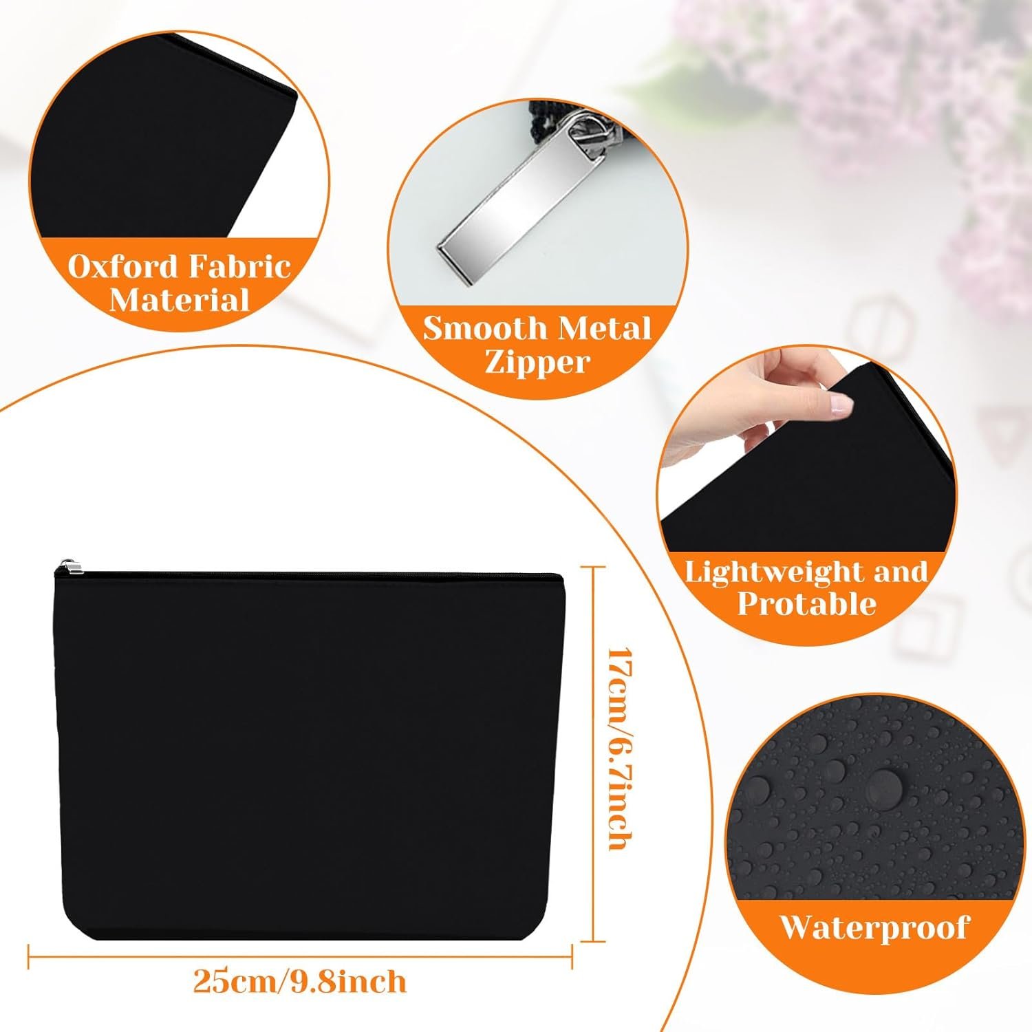 Manufacturer Blank Makeup Bag with Zipper Large Capacity Custom Logo Oxford Fabric Travel Cosmetic Pouch Multi-Purpose DIY Crafts Stationery Storage Private Label Christmas Birthday Gifts(Black)