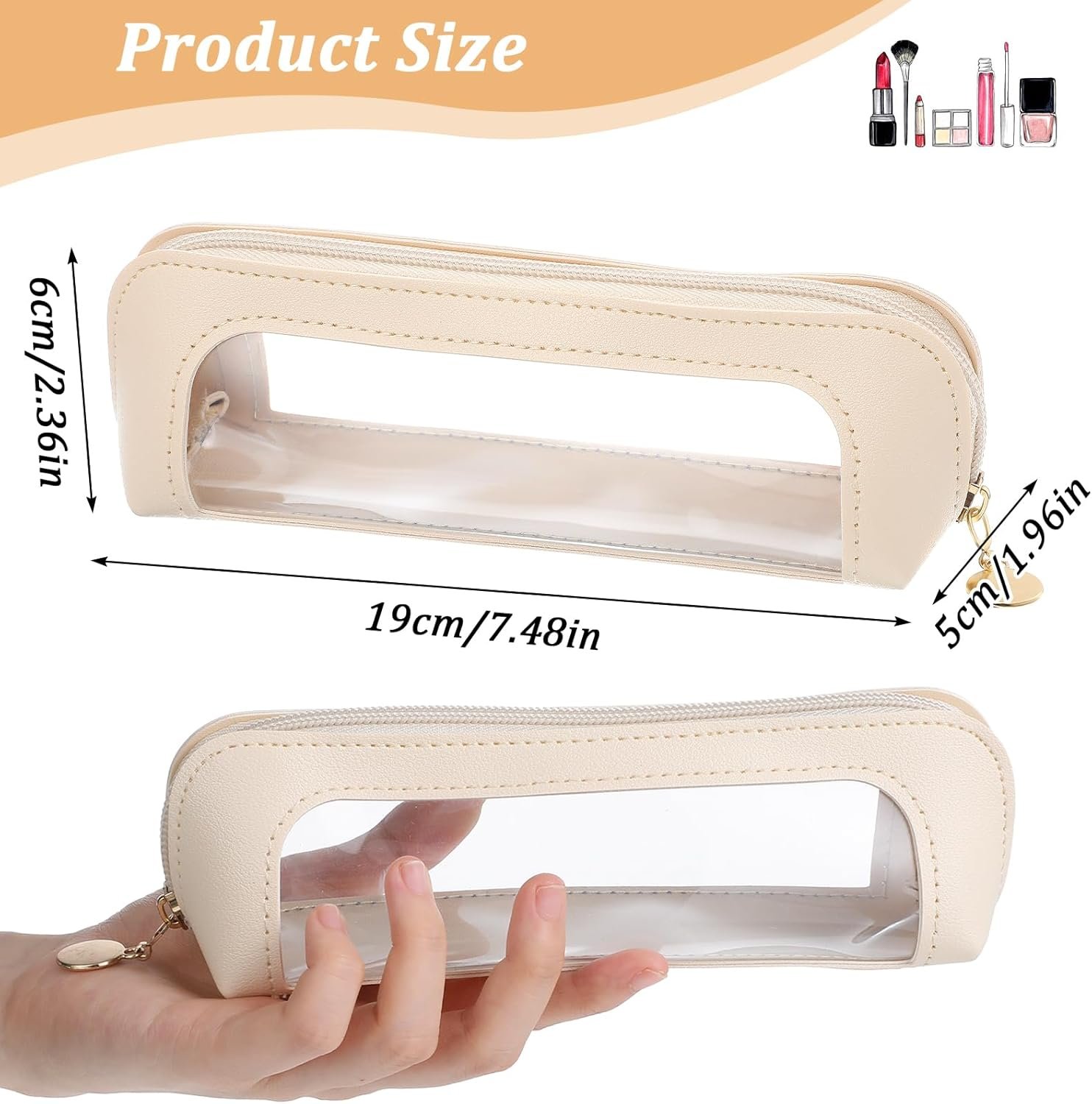 Custom Logo Clear Makeup Bag Portable Transparent Cosmetic Organizer, Private Label PU Leather Makeup Brush Holder Waterproof Travel Toiletry Pouch Zipper Slim Case for Women Home Office Travel Beige Factory