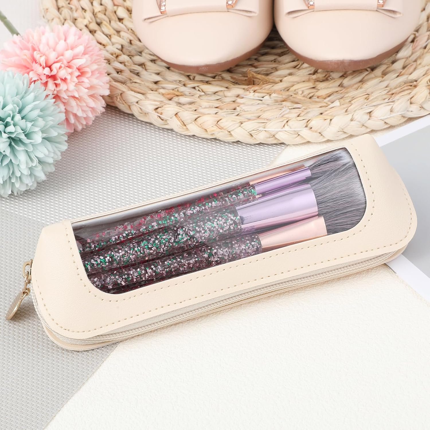 Custom Logo Clear Makeup Bag Portable Transparent Cosmetic Organizer, Private Label PU Leather Makeup Brush Holder Waterproof Travel Toiletry Pouch Zipper Slim Case for Women Home Office Travel Beige Factory