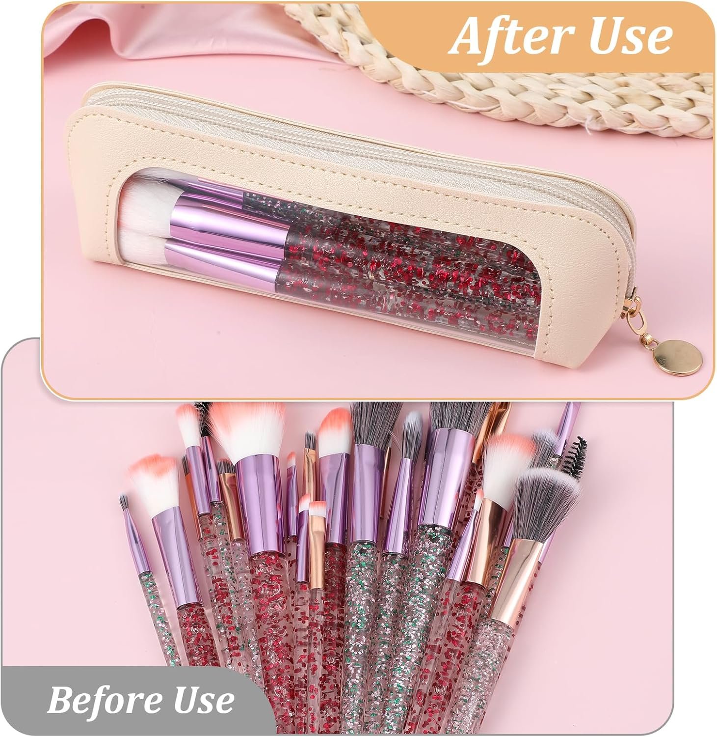 Custom Logo Clear Makeup Bag Portable Transparent Cosmetic Organizer, Private Label PU Leather Makeup Brush Holder Waterproof Travel Toiletry Pouch Zipper Slim Case for Women Home Office Travel Beige Factory