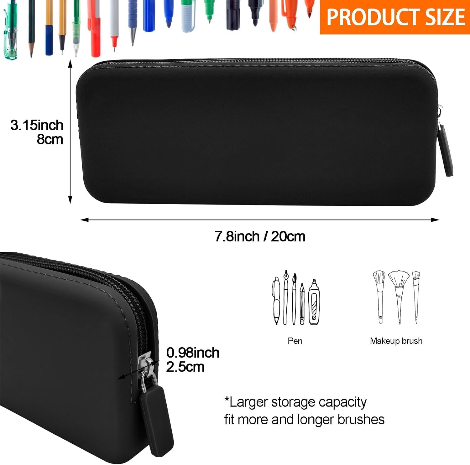 Private Label Silicone Pencil Case, Custom Logo Waterproof Silicone Cosmetic Bag, Factory Multifunctional Pencil Case Aesthetic Zipper Storage Bag (Black)