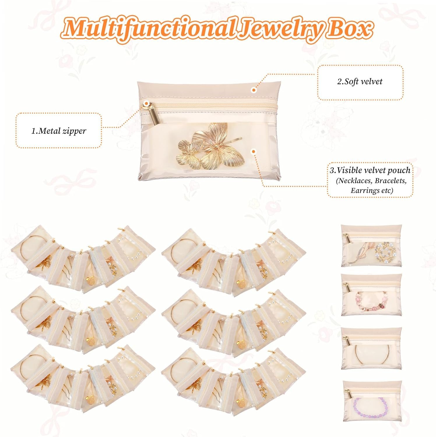 Custom Logo 40 Pcs Bulk Travel Jewelry Pouches Private Label Flannel Clear Portable Velvet Silk Small Zipper Pocket Organizers Makeup Bags Manufacturer for Rings Bracelets Earrings Necklaces