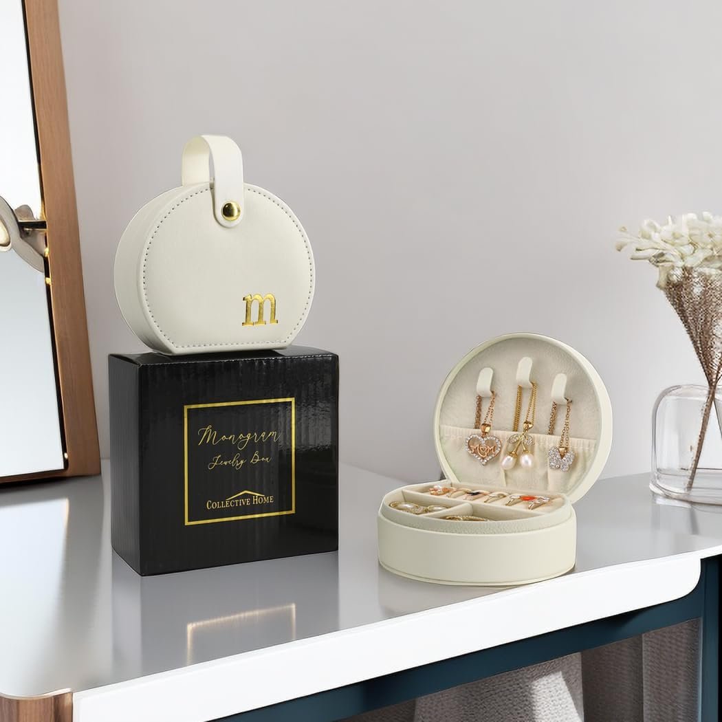 Private Label Travel Jewelry Case with Custom Logo, Elegant Half-Moon Design with Gold Monogram & Detachable Handle by Manufacturer - Personalized Accessory Organizer Gift for Fashion-Forward Women and Teens (m)