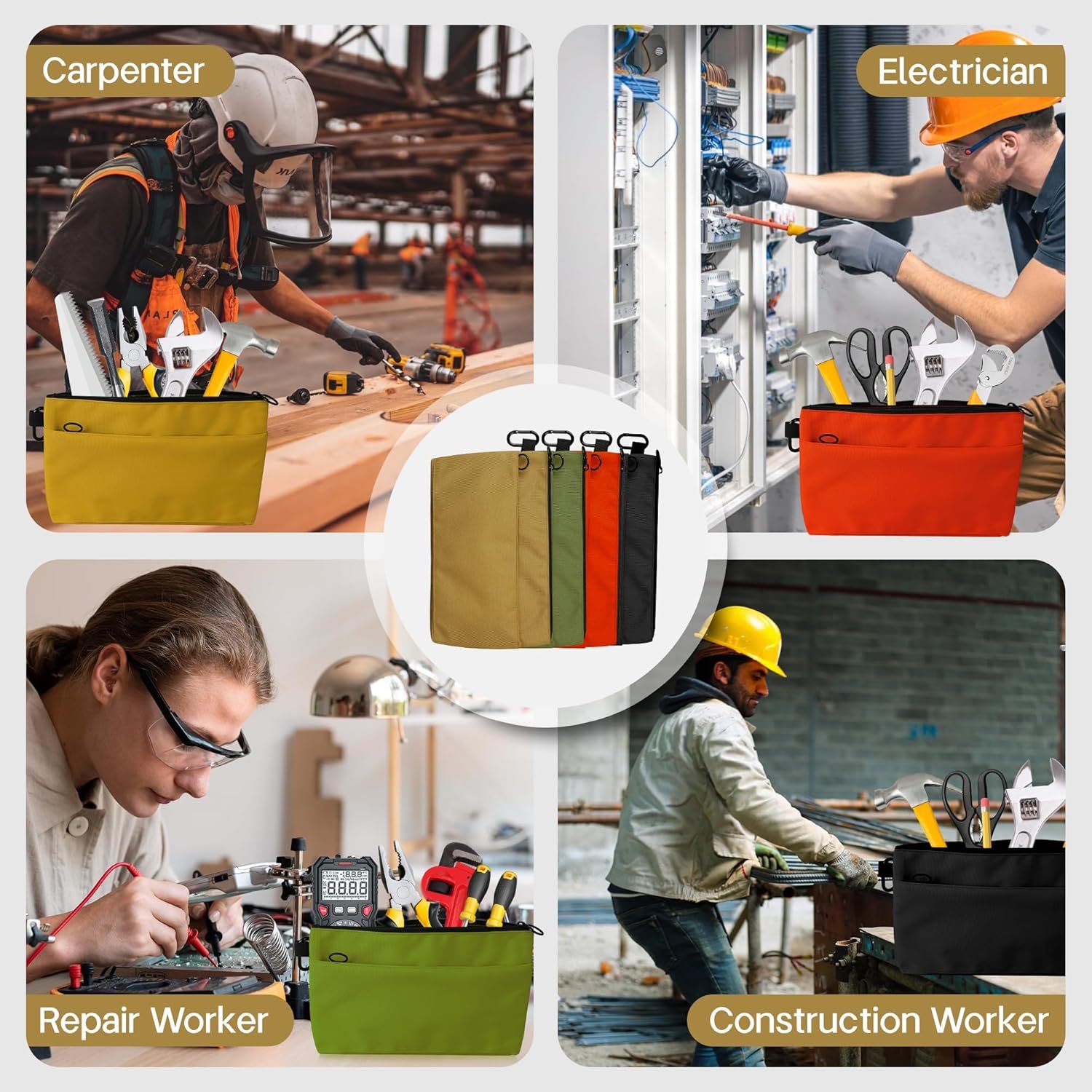 Private Label 4 Pack Small Tool Pouch Bag Durable Water-Resistant Portable Organizer with Zipper Pocket Ring Clip Custom Logo 4 Colors Supplier for Electrician Carpenter Home Repair DIY Tools Accessories