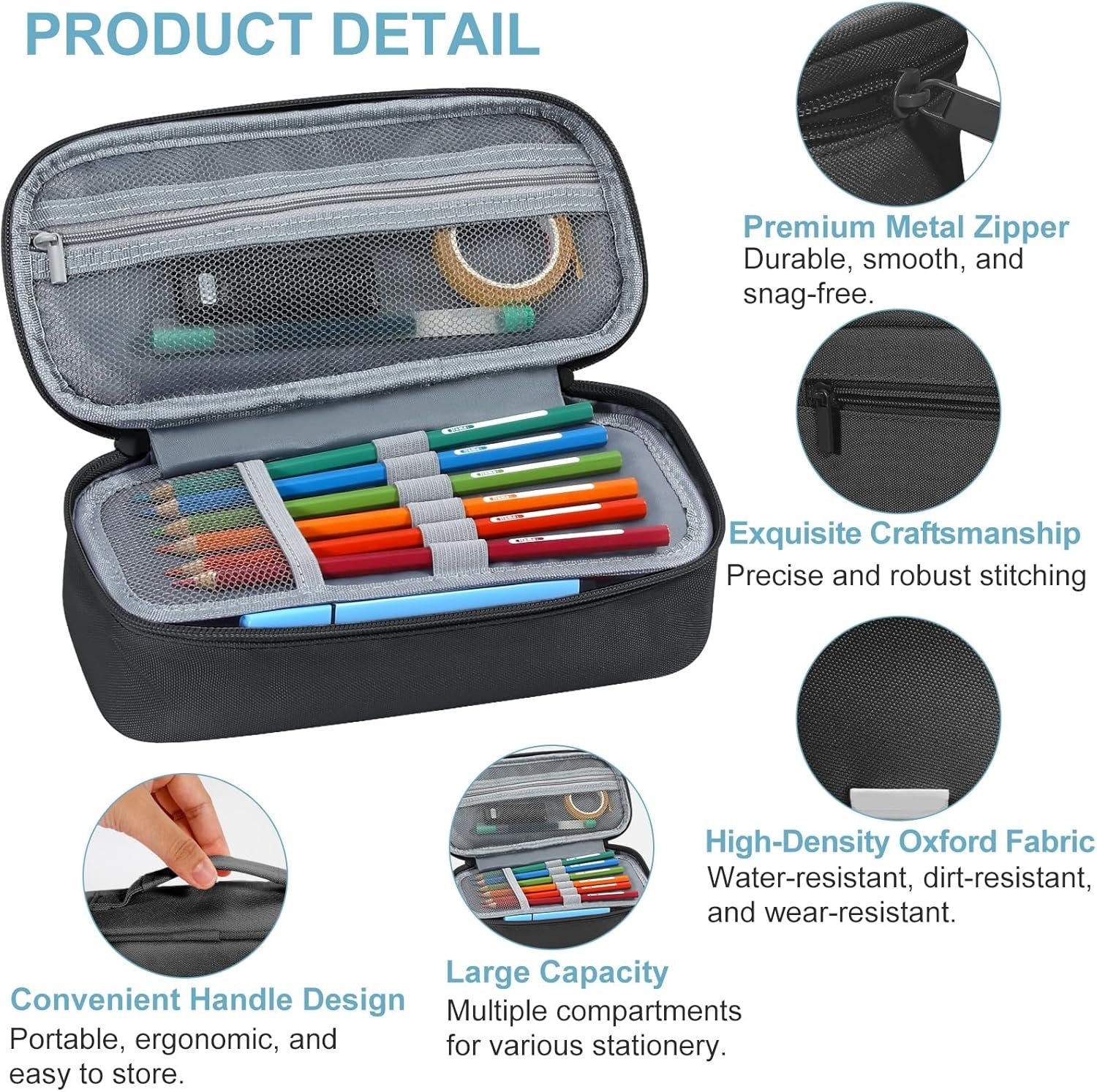 Custom Logo Large Black Pencil Case with Handle, Private Label Portable Stationery Pouch from Manufacturer for Home School Office