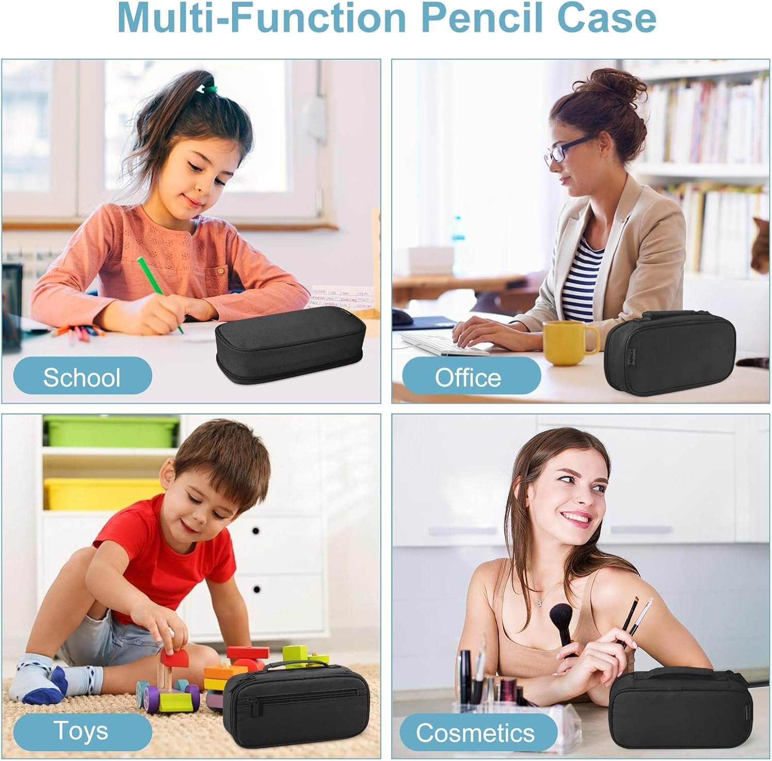 Custom Logo Large Black Pencil Case with Handle, Private Label Portable Stationery Pouch from Manufacturer for Home School Office