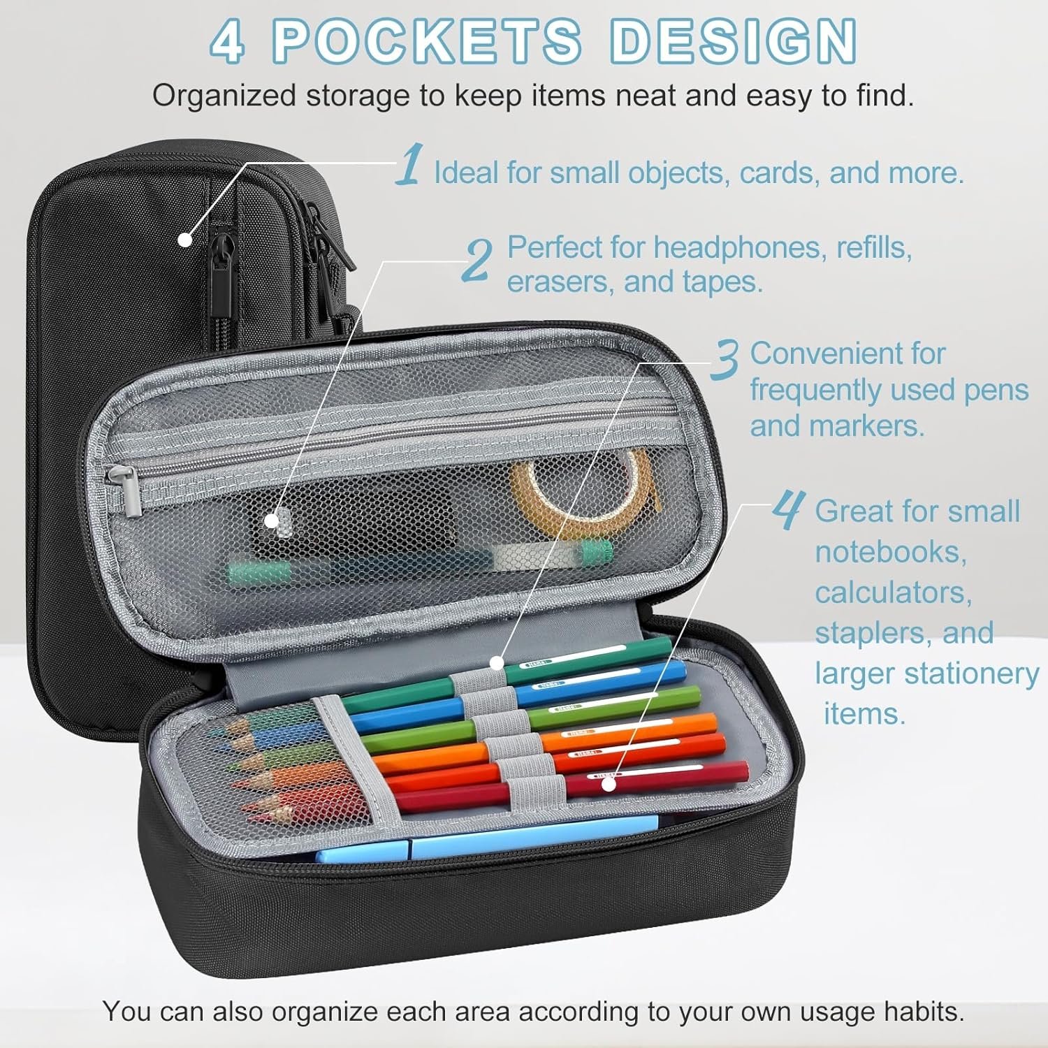 Custom Logo Large Black Pencil Case with Handle, Private Label Portable Stationery Pouch from Manufacturer for Home School Office