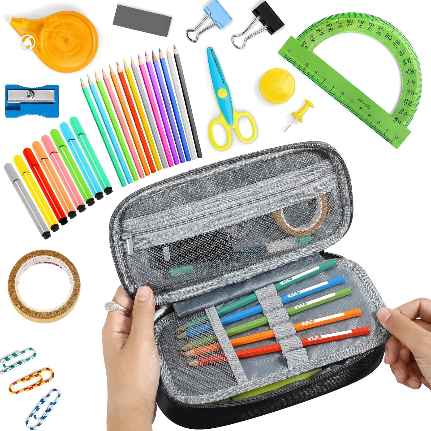 Custom Logo Large Black Pencil Case with Handle, Private Label Portable Stationery Pouch from Manufacturer for Home School Office