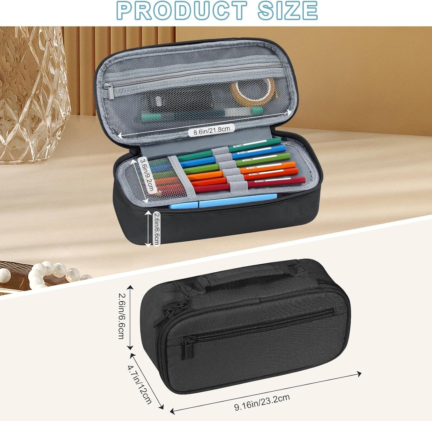 Custom Logo Large Black Pencil Case with Handle, Private Label Portable Stationery Pouch from Manufacturer for Home School Office