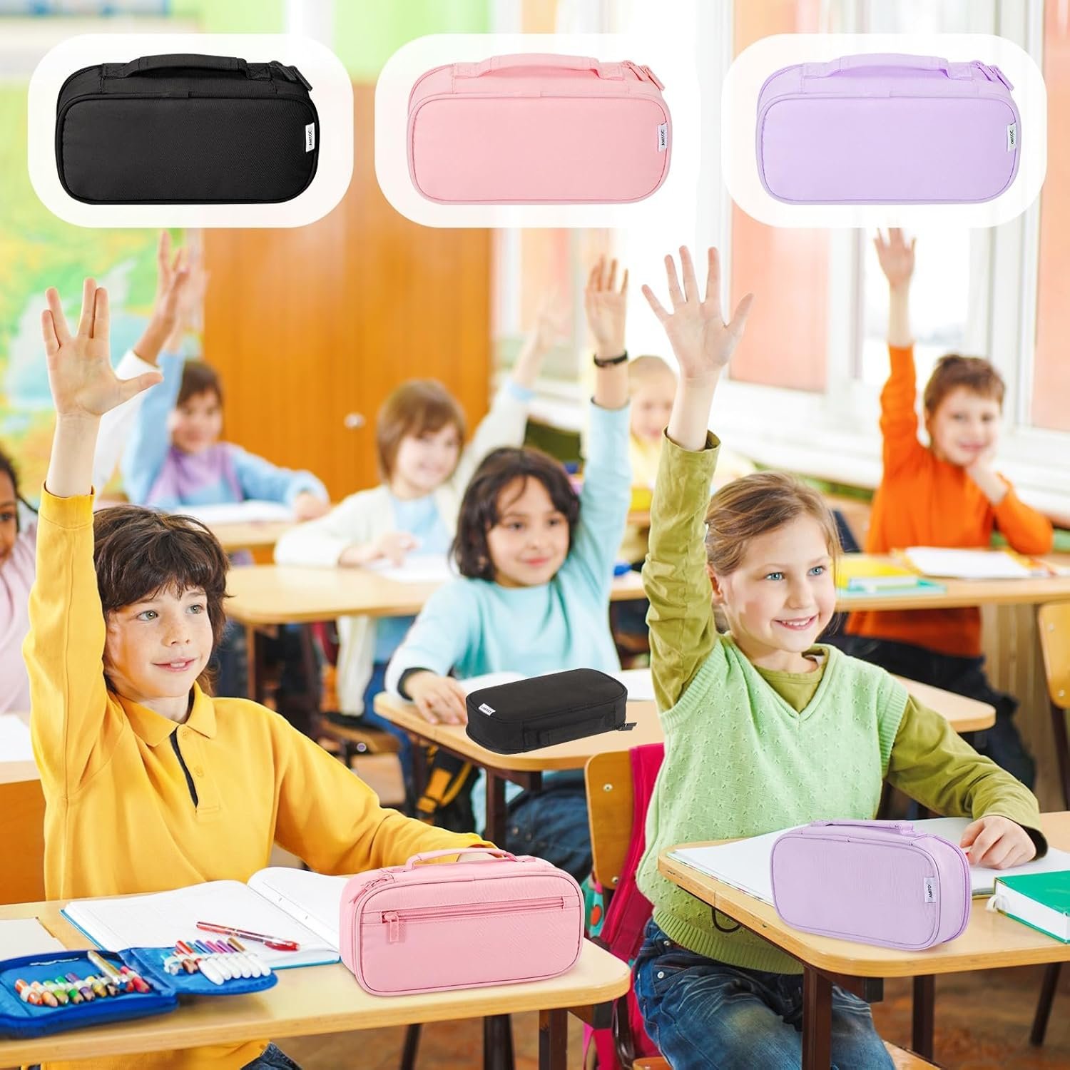 Custom Logo Large Black Pencil Case with Handle, Private Label Portable Stationery Pouch from Manufacturer for Home School Office