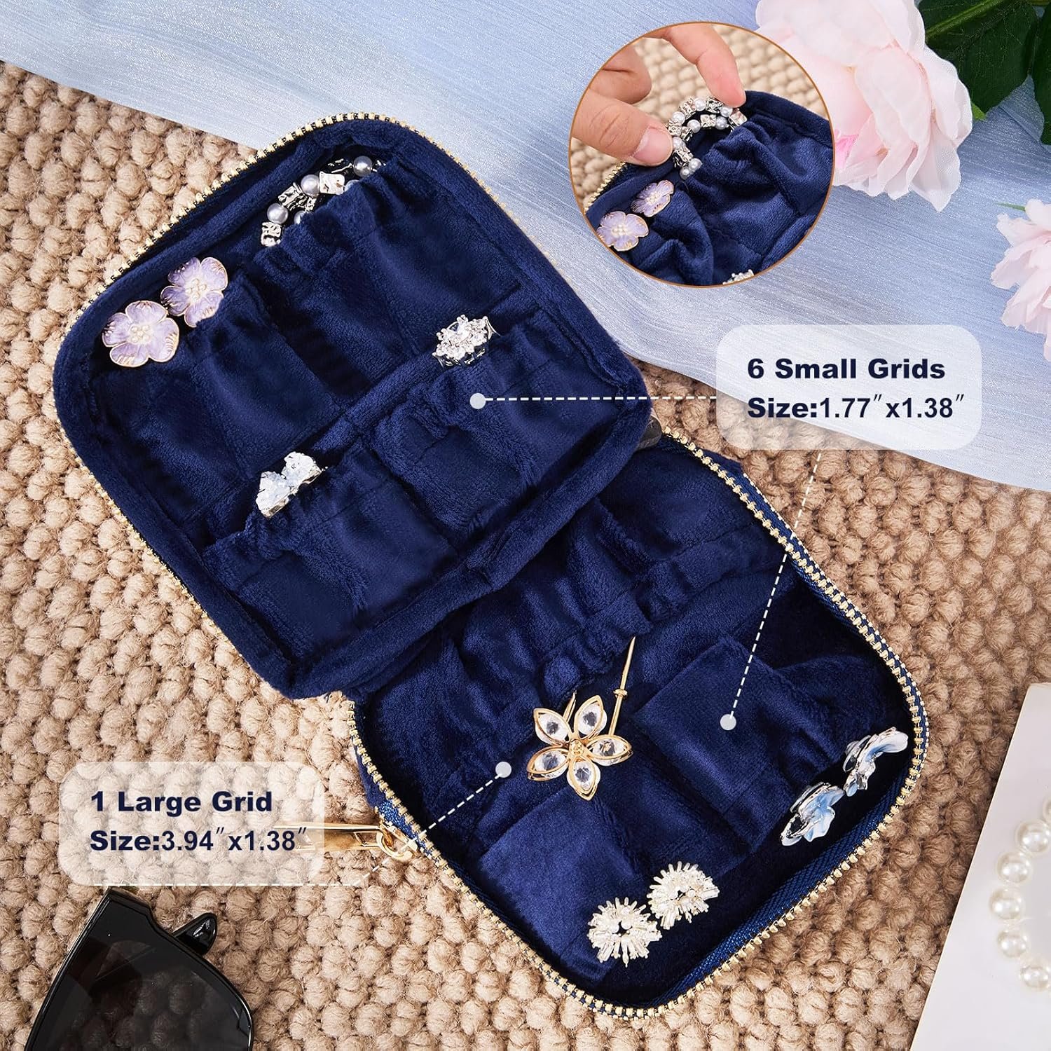 Private Label Double-Zip Travel Jewelry Pouch, Custom Logo Multi-Compartment Organizer Bag with Soft Velvet for Rings Earrings Bracelets, Small Manufacturer Jewelry Case - Blue Flexible Gift for Women