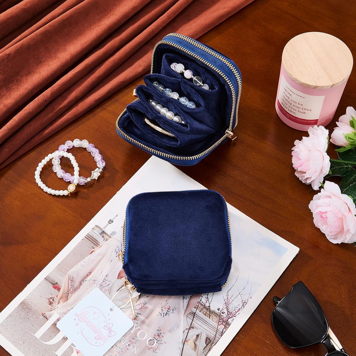 Private Label Double-Zip Travel Jewelry Pouch, Custom Logo Multi-Compartment Organizer Bag with Soft Velvet for Rings Earrings Bracelets, Small Manufacturer Jewelry Case - Blue Flexible Gift for Women