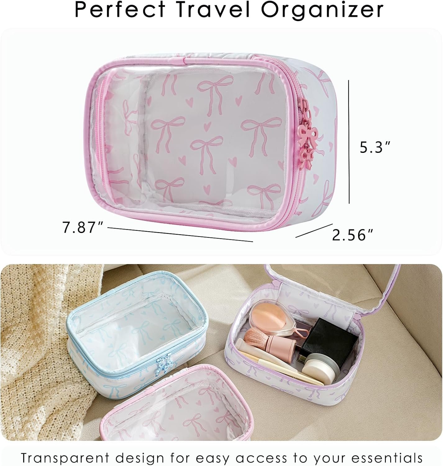 Custom Logo Cute Clear Makeup Bag with Bow Pattern Transparent Nylon Travel Cosmetic Case from Manufacturer Private Label Zipper Portable Organizer Pouch for Essentials Pink
