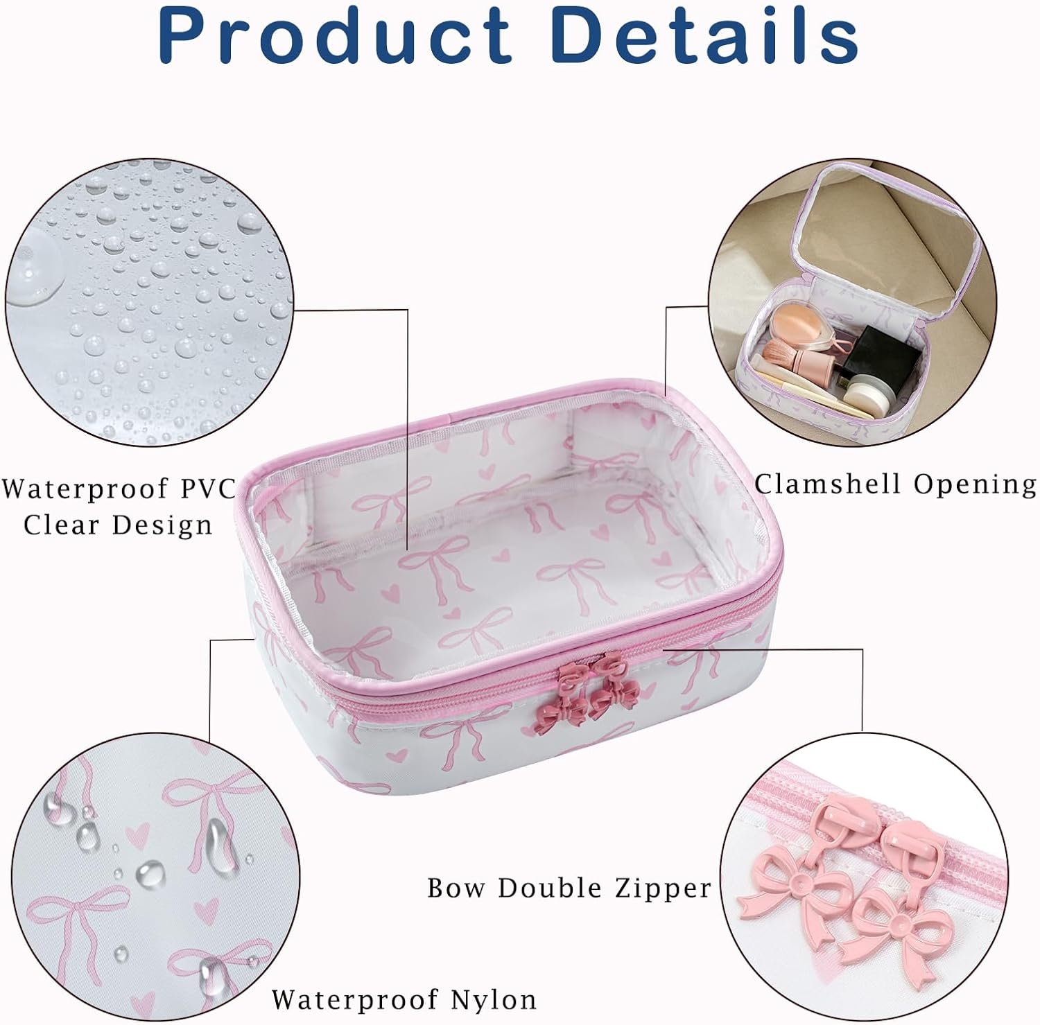 Custom Logo Cute Clear Makeup Bag with Bow Pattern Transparent Nylon Travel Cosmetic Case from Manufacturer Private Label Zipper Portable Organizer Pouch for Essentials Pink