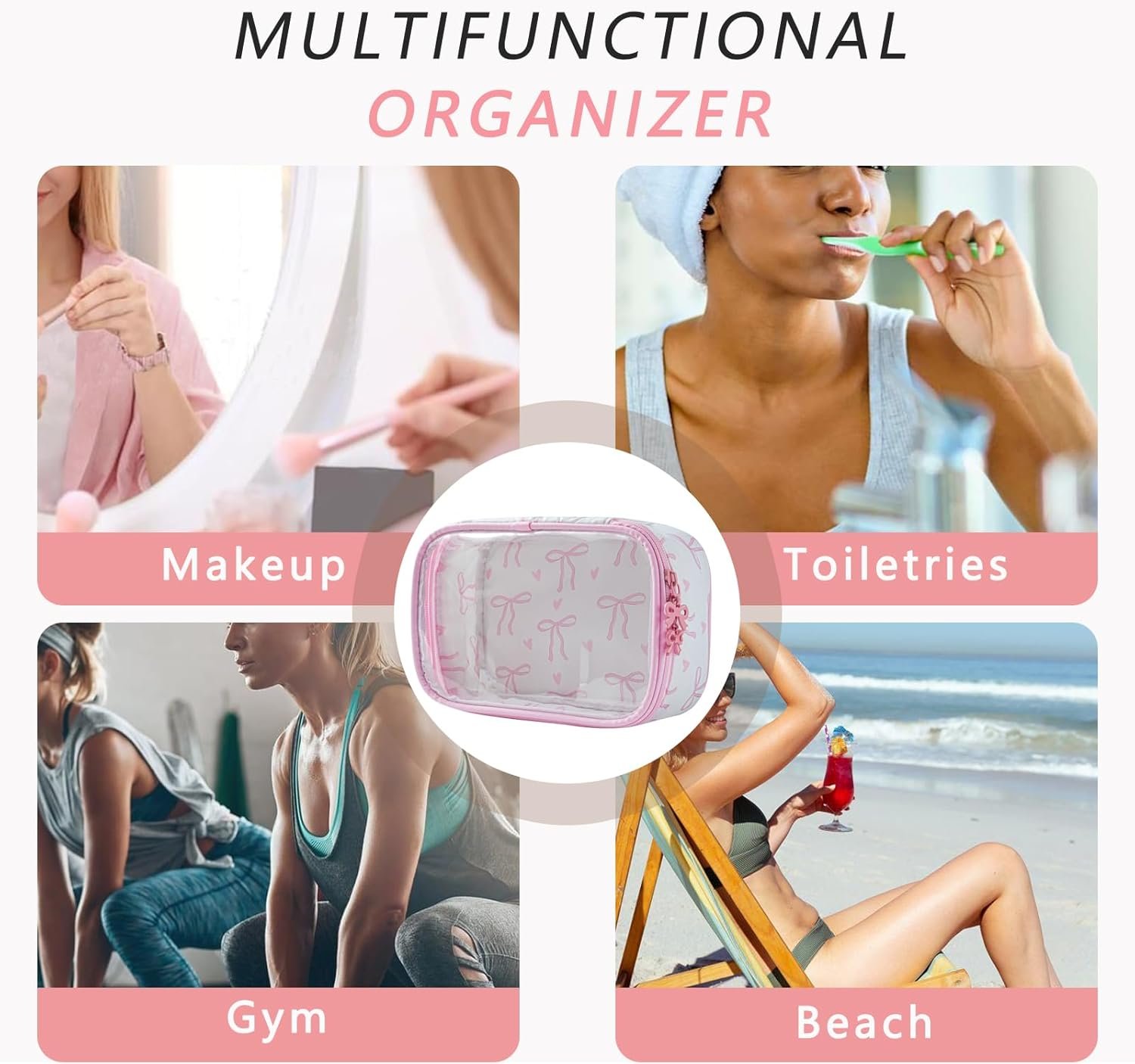 Custom Logo Cute Clear Makeup Bag with Bow Pattern Transparent Nylon Travel Cosmetic Case from Manufacturer Private Label Zipper Portable Organizer Pouch for Essentials Pink