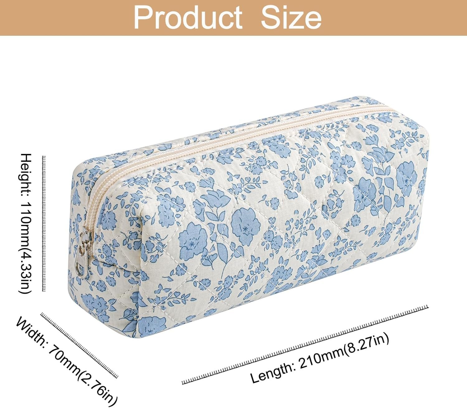 Custom Logo Kawaii Floral Cotton Makeup Brush Cosmetic Bag for Women, Private Label Quilted Zipper Travel Organizer, Flowers Toiletry Case Supplier (Blue Floral)