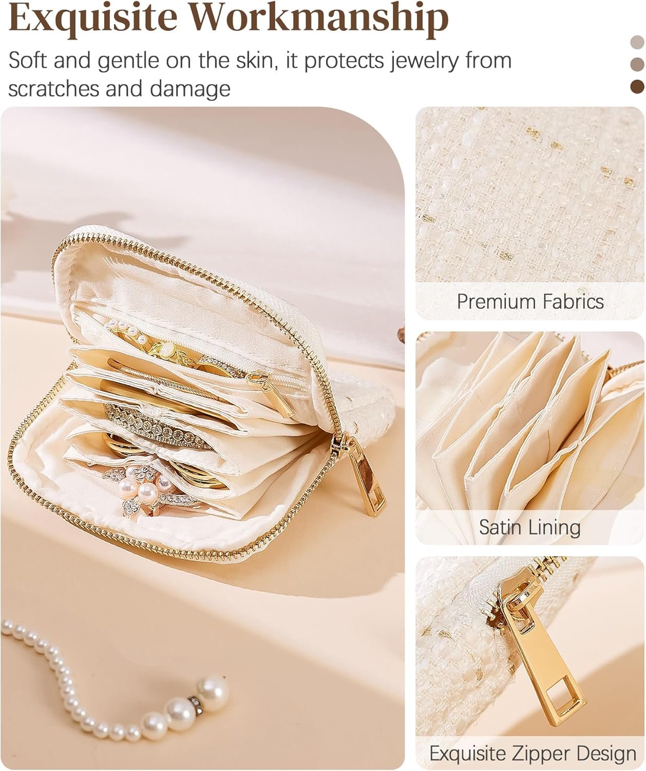 Private Label Women's Travel Jewelry Case Soft Bag with 5 Pouches for Rings Earrings Necklaces Custom Logo Christmas Birthday Gifts White Manufacturer