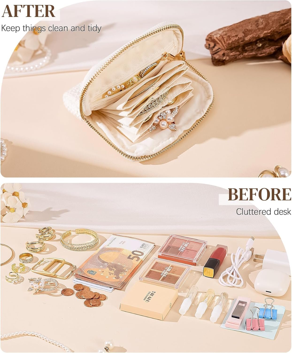 Private Label Women's Travel Jewelry Case Soft Bag with 5 Pouches for Rings Earrings Necklaces Custom Logo Christmas Birthday Gifts White Manufacturer