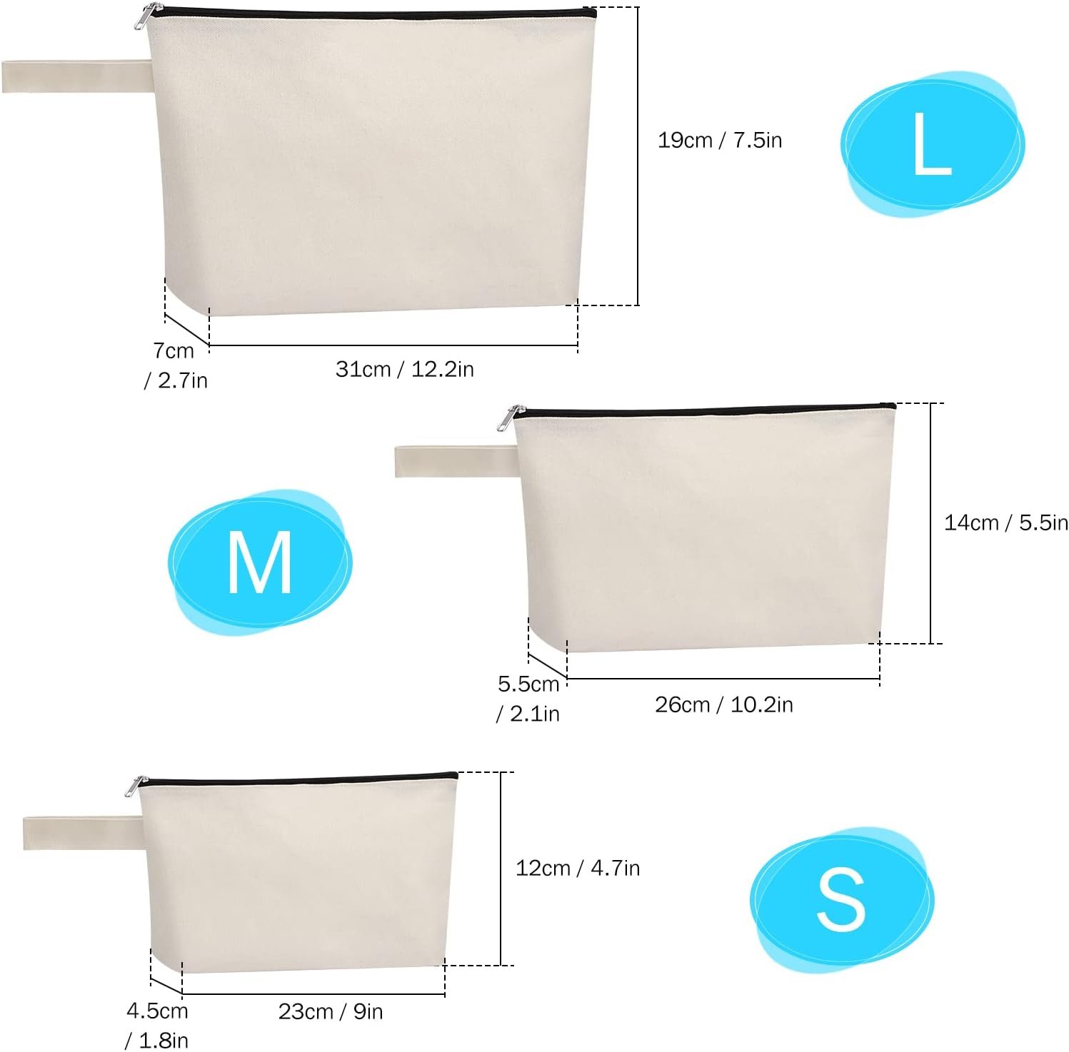 Manufacturer 10 Pieces Cotton Canvas Makeup Bags with Zippered Bottom Private Label Multi-Purpose Cosmetic Travel Toiletry DIY Craft Pencil Pouches (L, White) Custom Logo