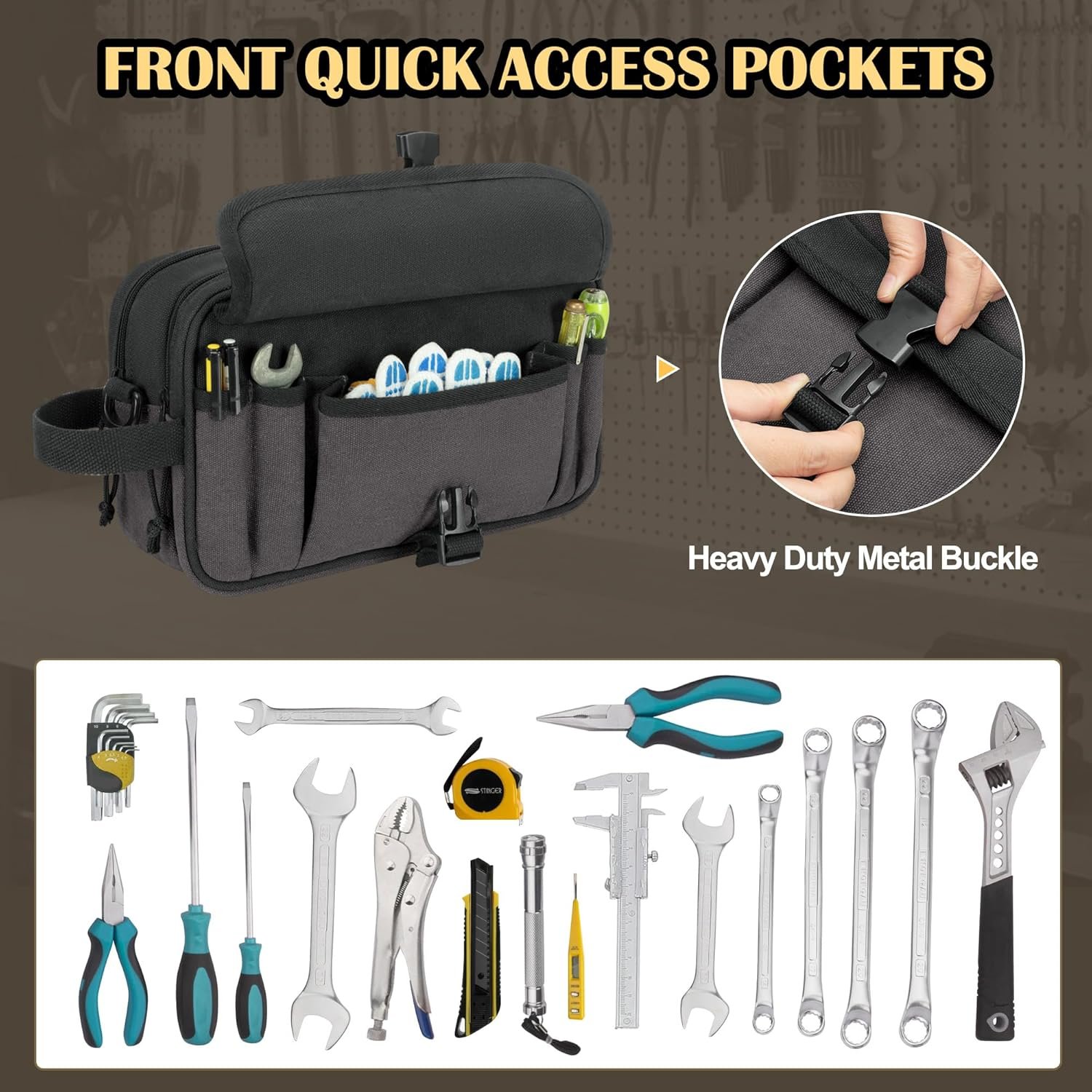 Custom Logo Small Canvas Tool Pouch with Zipper 12 Inch Private Label Tool Organizer Bag Double Layer Utility Storage with Shoulder Strap for Electricians Black/Gray from Manufacturer (Empty Bag)