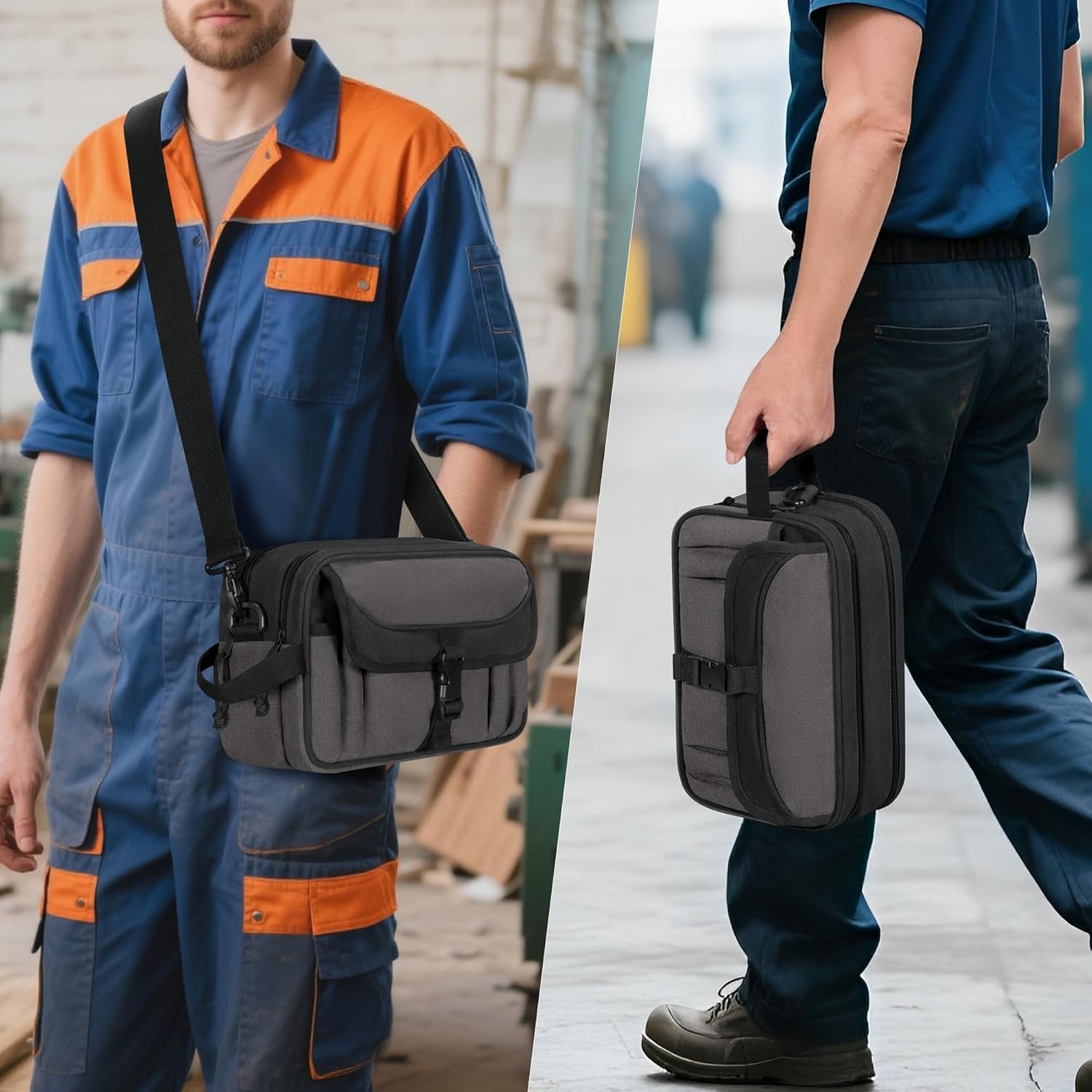 Custom Logo Small Canvas Tool Pouch with Zipper 12 Inch Private Label Tool Organizer Bag Double Layer Utility Storage with Shoulder Strap for Electricians Black/Gray from Manufacturer (Empty Bag)