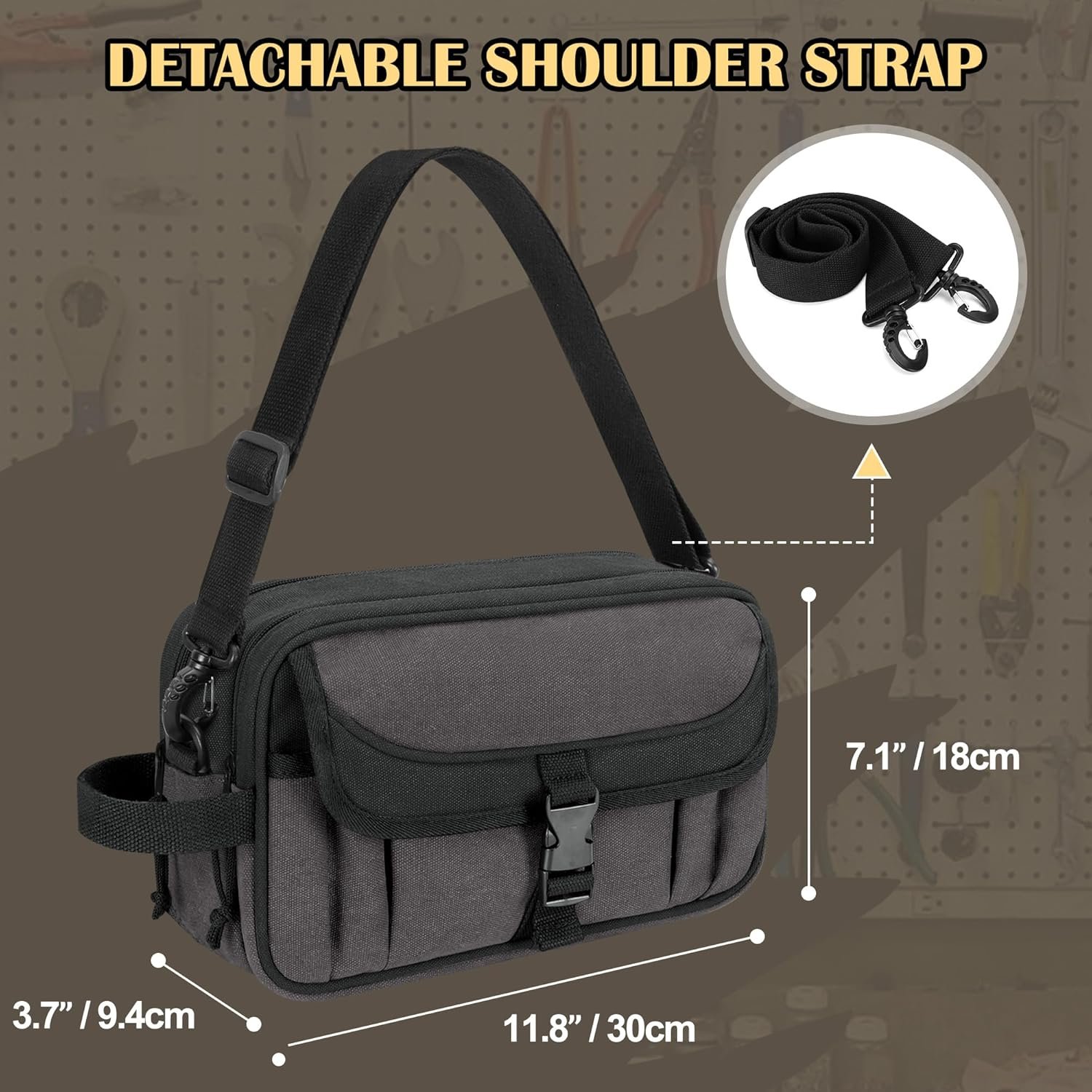 Custom Logo Small Canvas Tool Pouch with Zipper 12 Inch Private Label Tool Organizer Bag Double Layer Utility Storage with Shoulder Strap for Electricians Black/Gray from Manufacturer (Empty Bag)