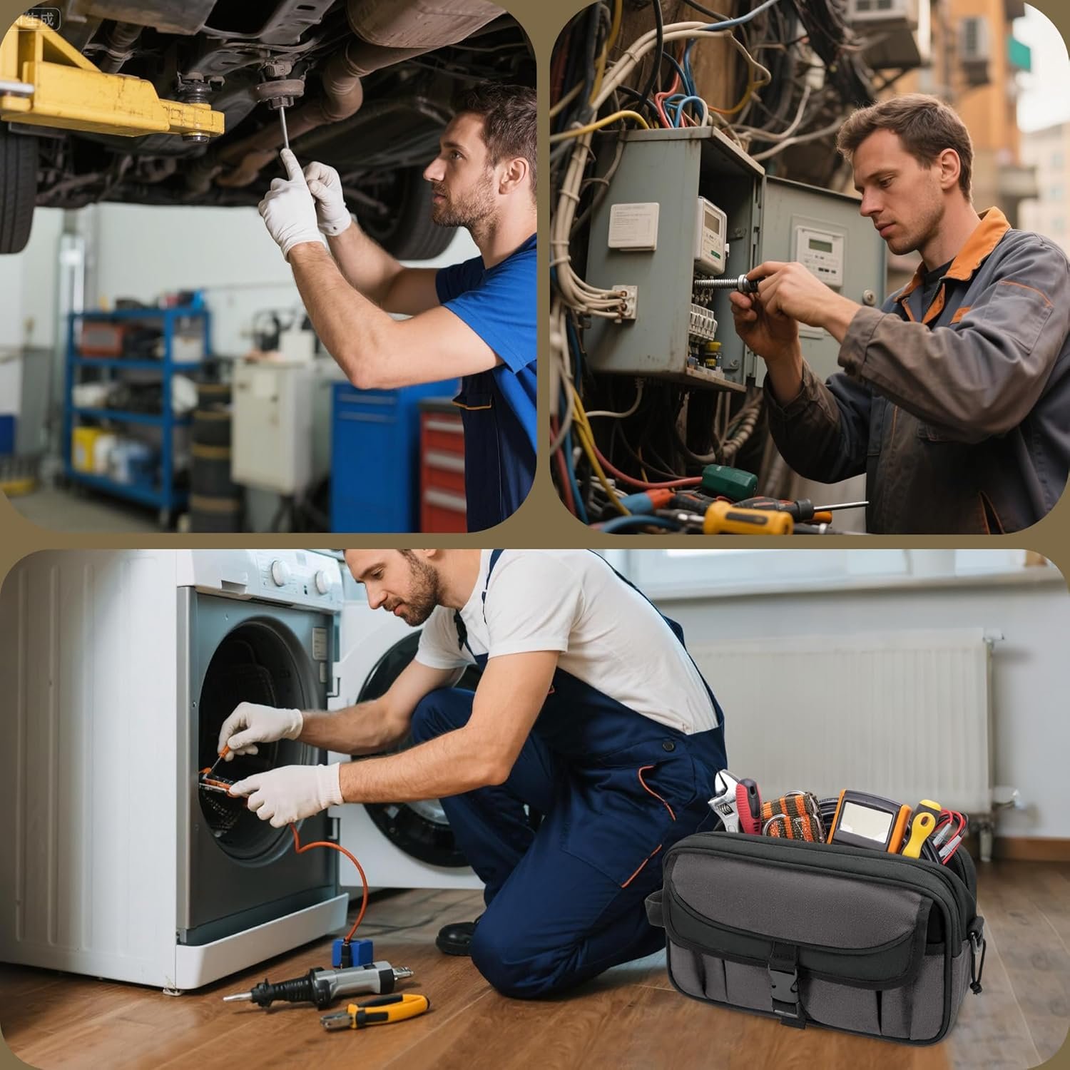 Custom Logo Small Canvas Tool Pouch with Zipper 12 Inch Private Label Tool Organizer Bag Double Layer Utility Storage with Shoulder Strap for Electricians Black/Gray from Manufacturer (Empty Bag)