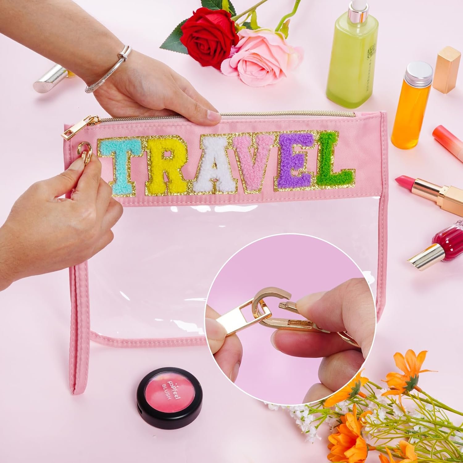 Private Label Chenille Letter Clear Nylon Makeup Cosmetic Bags Custom Logo Flat Pouches with Zipper for Travel Gym Beach Pink Manufacturer