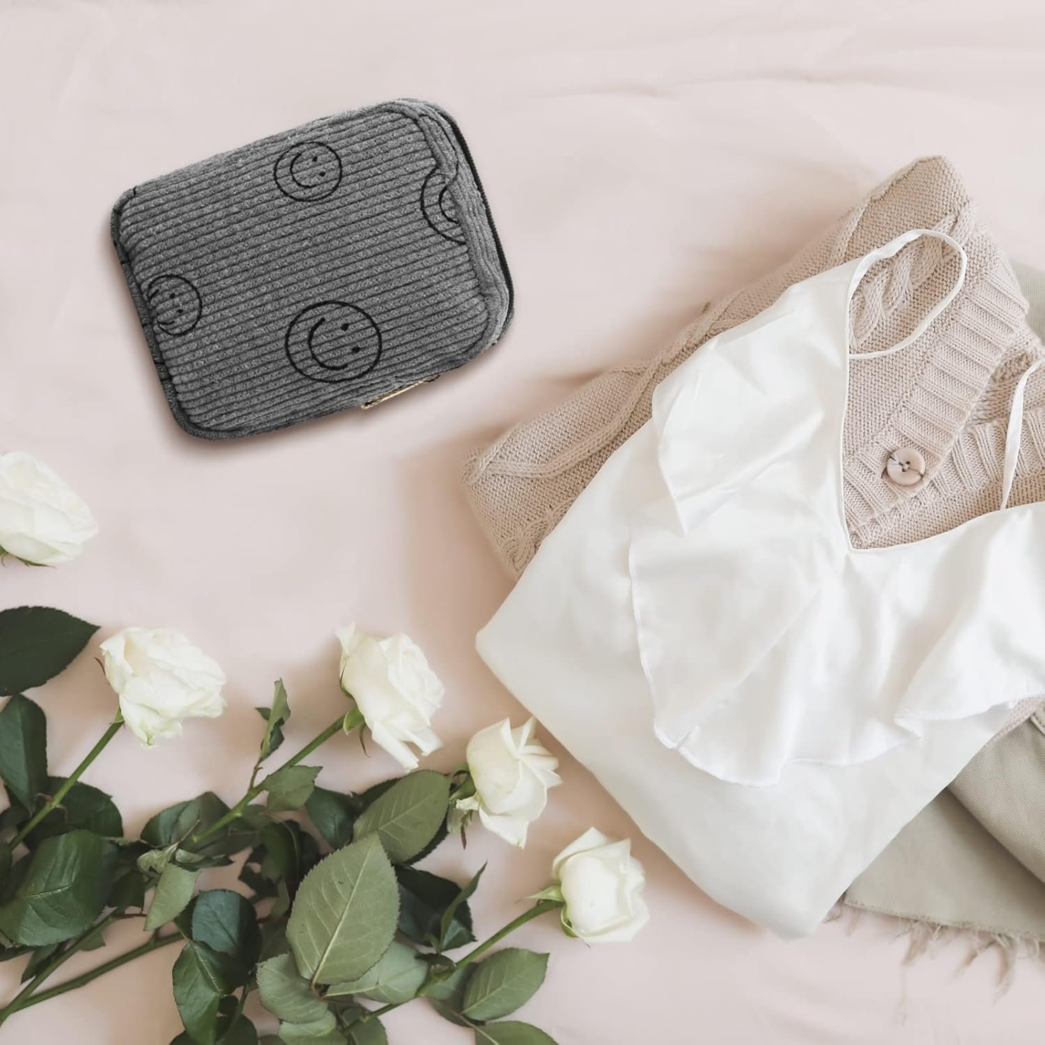 Private Label 3 Pcs Corduroy Smile Face Cosmetic Bag with Custom Logo Aesthetic Preppy Pencil Pouch Purse Travel Beauty Makeup for School Women Christmas Holiday Organizer Gifts Stylish White Gray Yellow Manufacturer