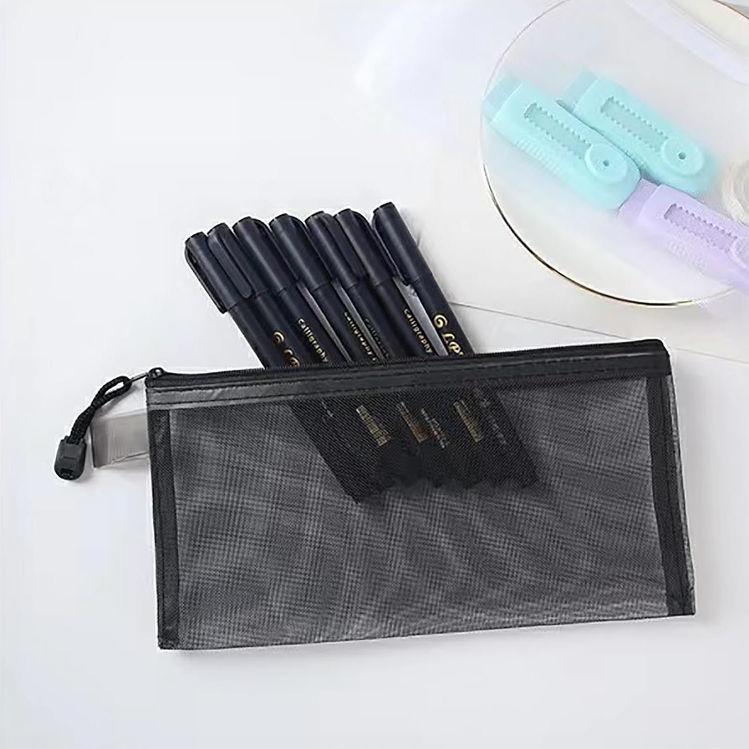 Custom Logo 10 Pieces Nylon Zipper Mesh Pouches - Private Label Cosmetic Zipper Bags for Organizing Storage Puzzles Board Games Multipurpose Travel and Office Supplies from Manufacturer (Black)