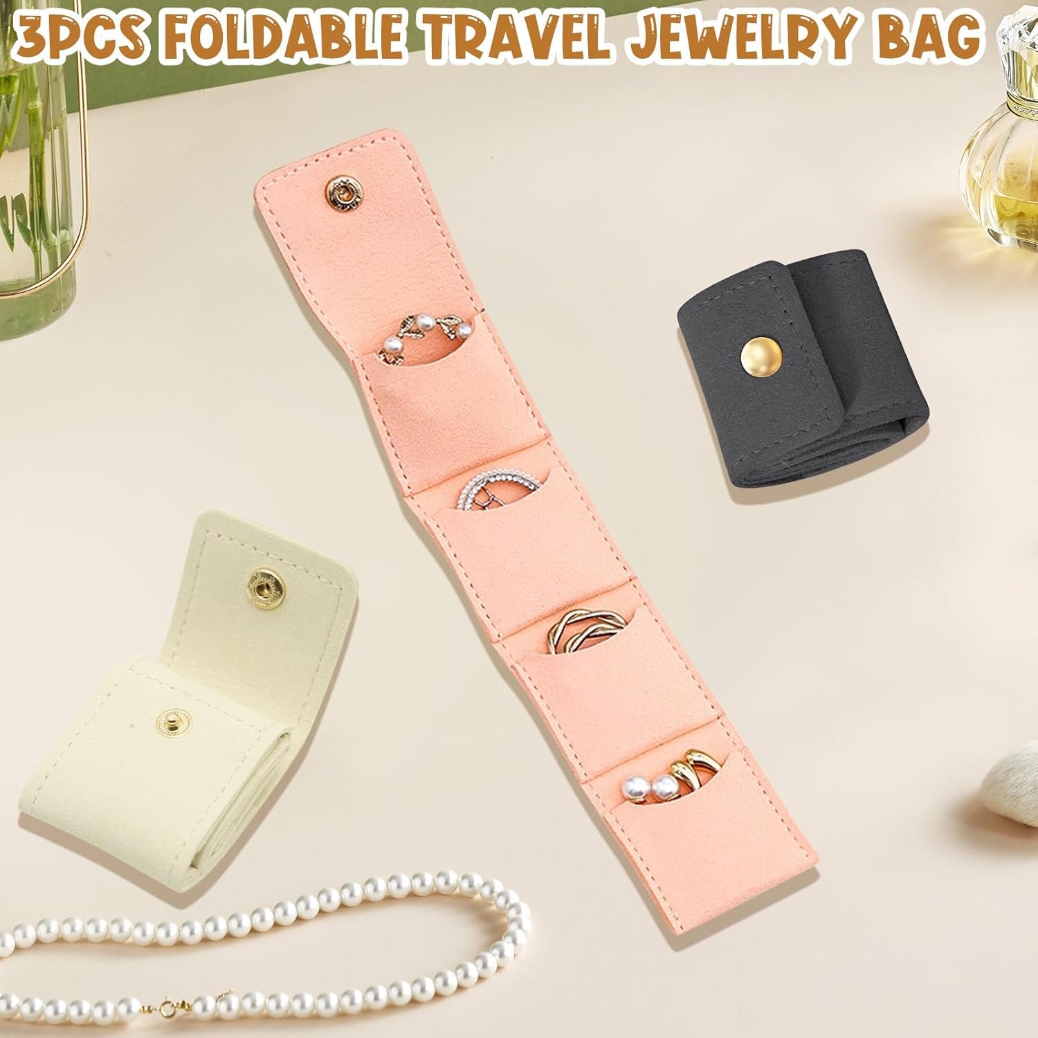 Custom Logo 3Pcs Mini Leather Travel Jewelry Organizer Foldable Pouch for Necklaces Rings Earrings Private Label Compact Case with Buckle Women Travel Accessories Manufacturer Beige Pink Gray