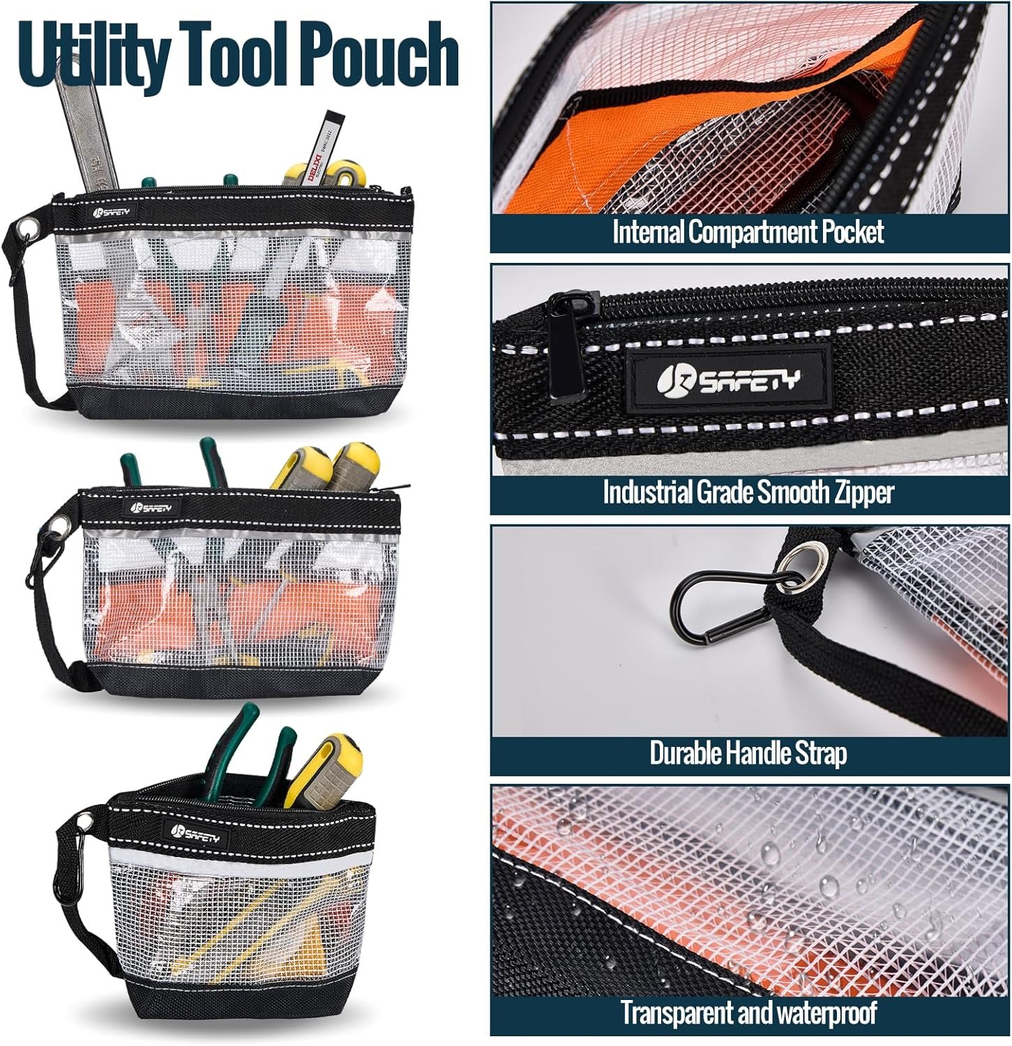 Private Label 3 Pack Custom Logo Waterproof Clear Small Zipper Tool Pouch Bags with Carabiner and Handle Strap Manufacturer