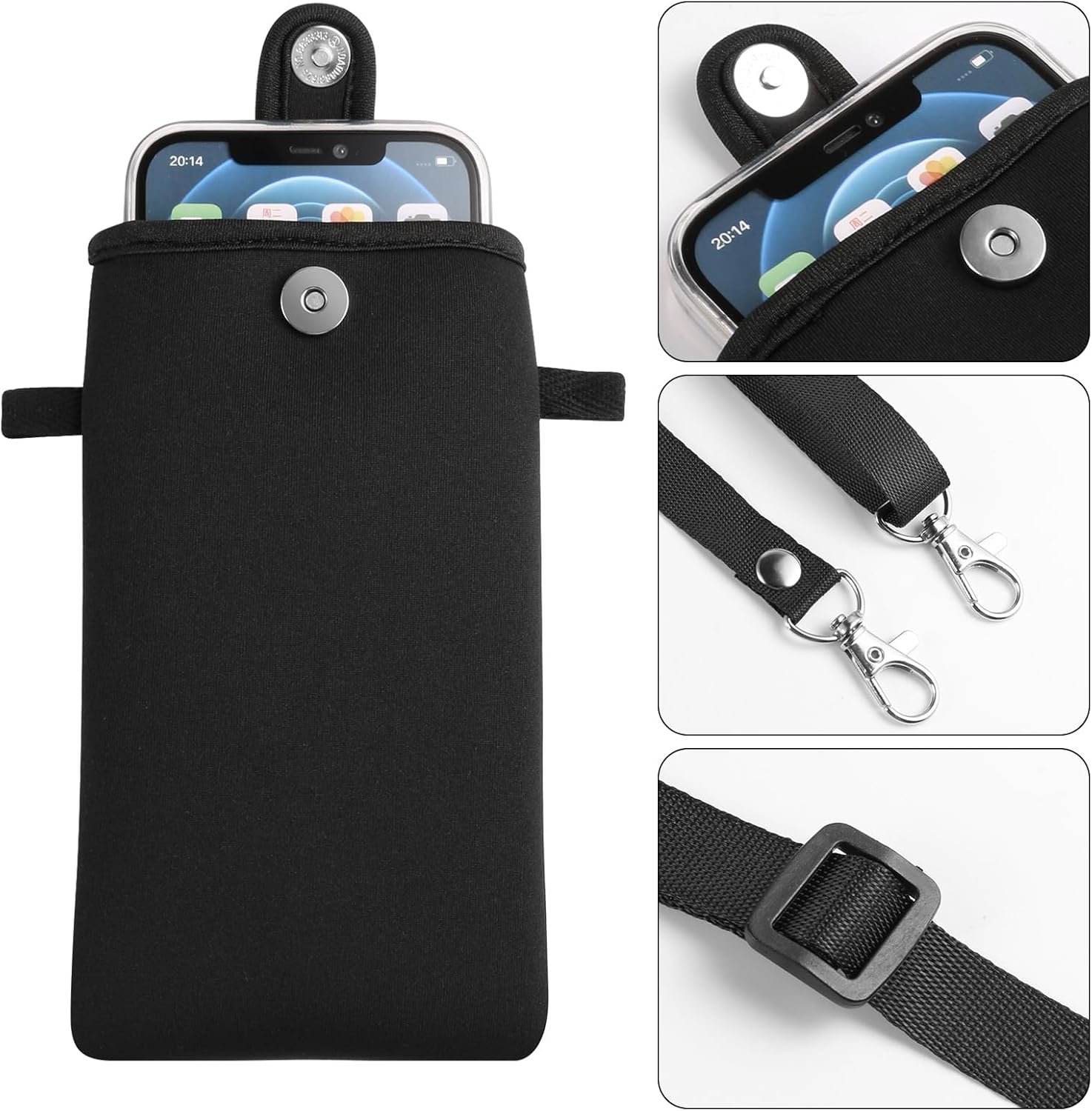 Custom Logo Neoprene Phone Sleeve Case with Crossbody Strap Private Label Compatible for iPhone 17 Pro Max Air 16 Plus/Galaxy S25 Ultra/S25 Edge FE A16 A36 A56/Pixel 10 Pro XL/OnePlus 13 Manufacturer (Black XL)